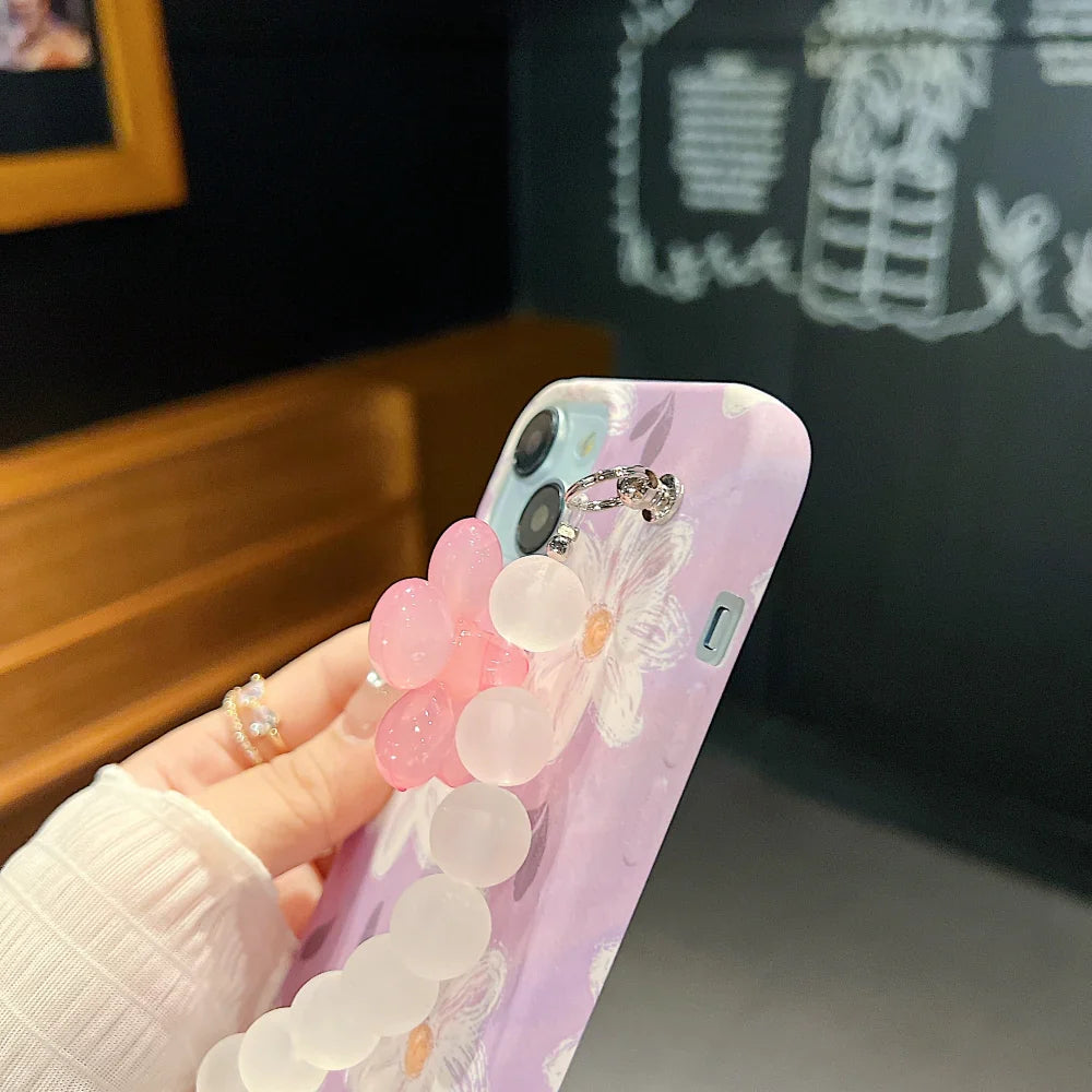Ezlia iPhone 13 Mini Cover Flower Print Design Wrist Hand Strap TPU Soft Case