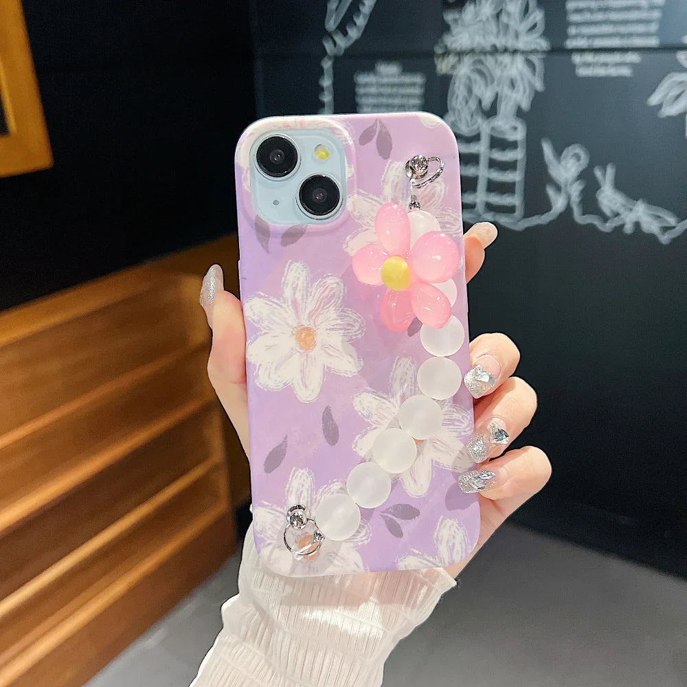 Ezlia iPhone 14 Mini Cover Flower Print Design Wrist Hand Strap TPU Soft Case