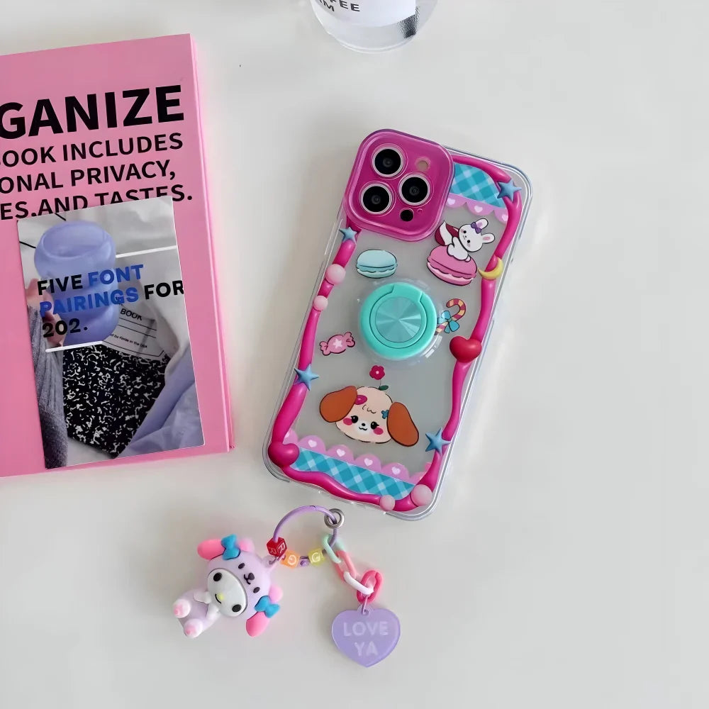 Ezlia iPhone 15 Cover Fashion Cartoon 360 Degree Rotated Stand With Charm