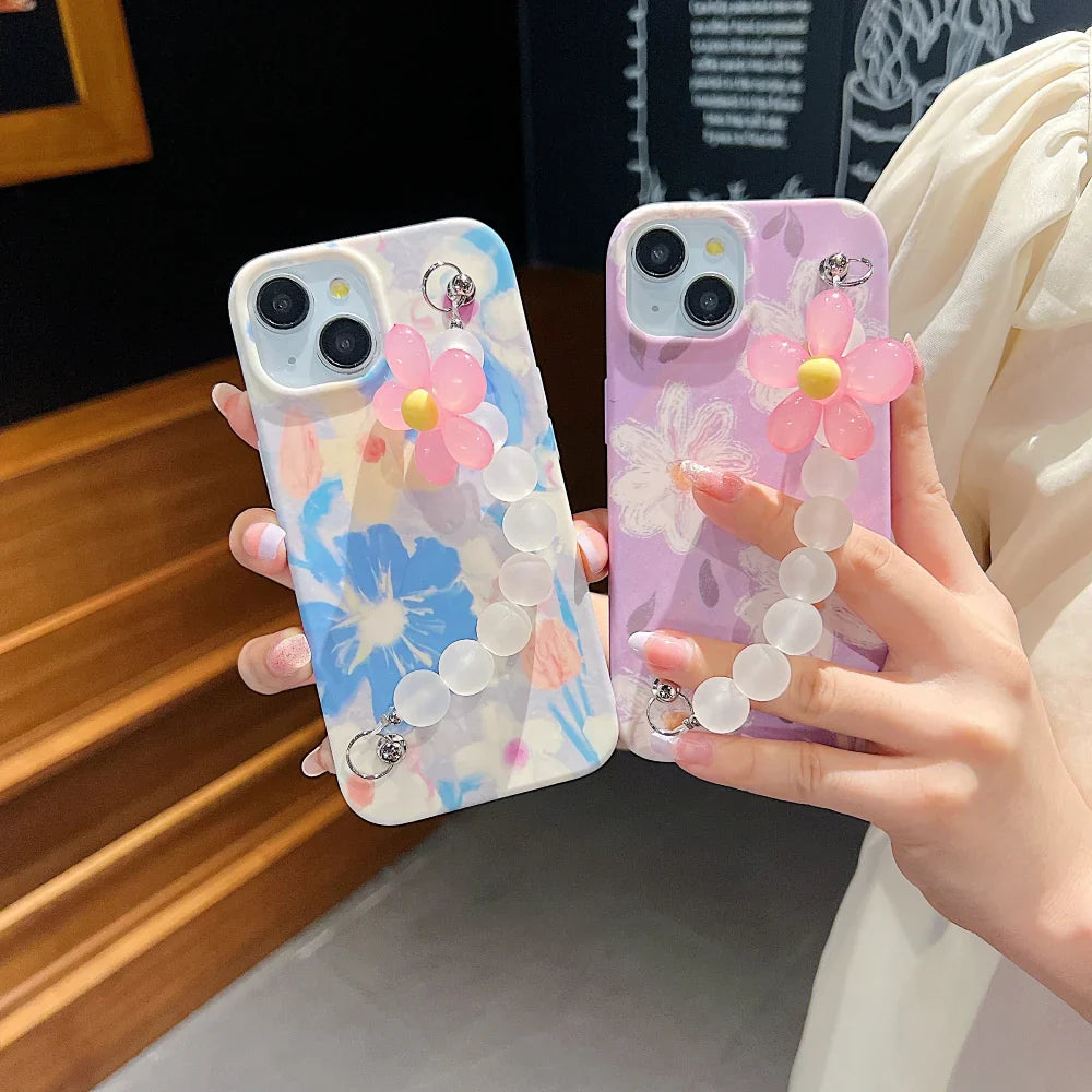 Ezlia iPhone 15 Covers Flower Print Design Wrist Hand Strap TPU Soft Case