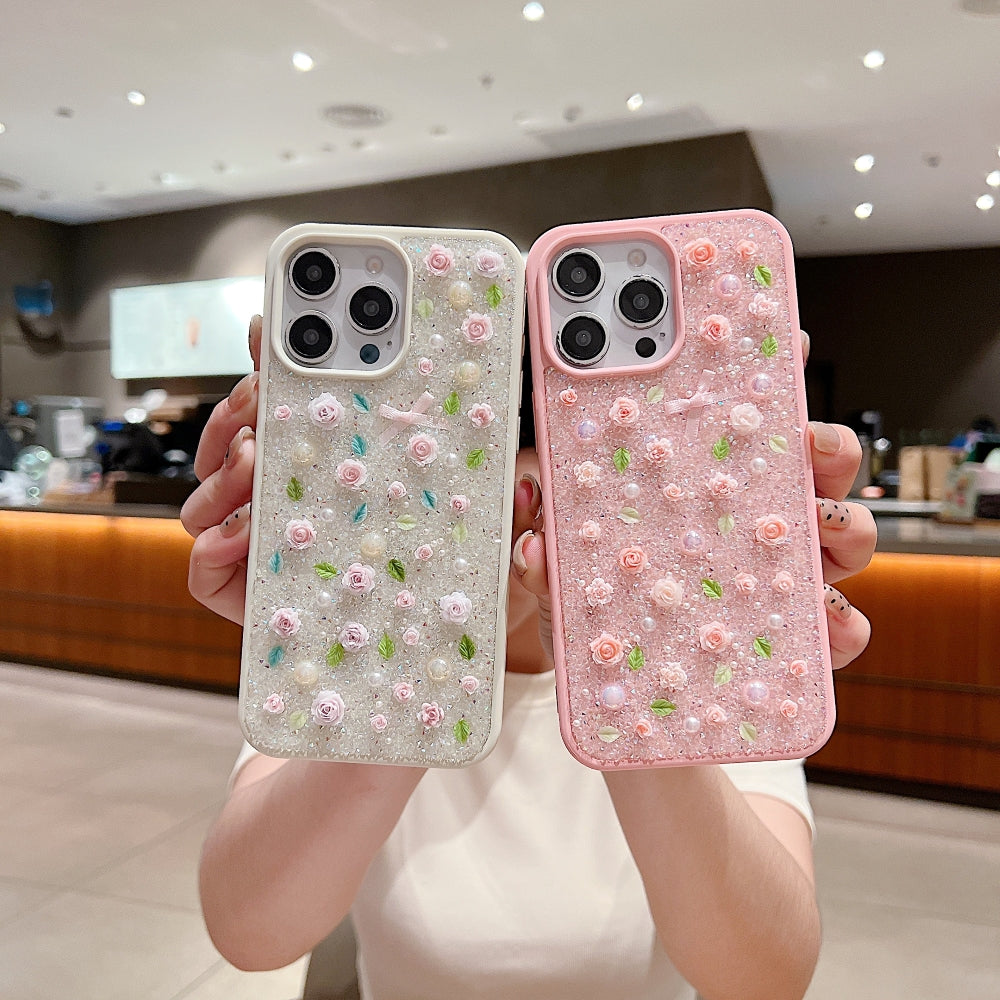 Ezlia iPhone 15 Covers Miniature Rose Glitter Flower 