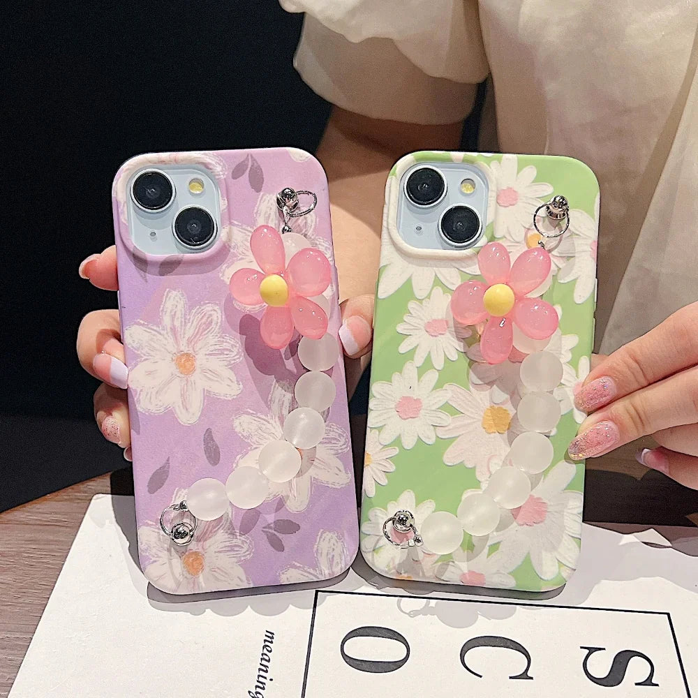 Ezlia iPhone 16 Mini Cover Flower Print Design Wrist Hand Strap TPU Soft Cases