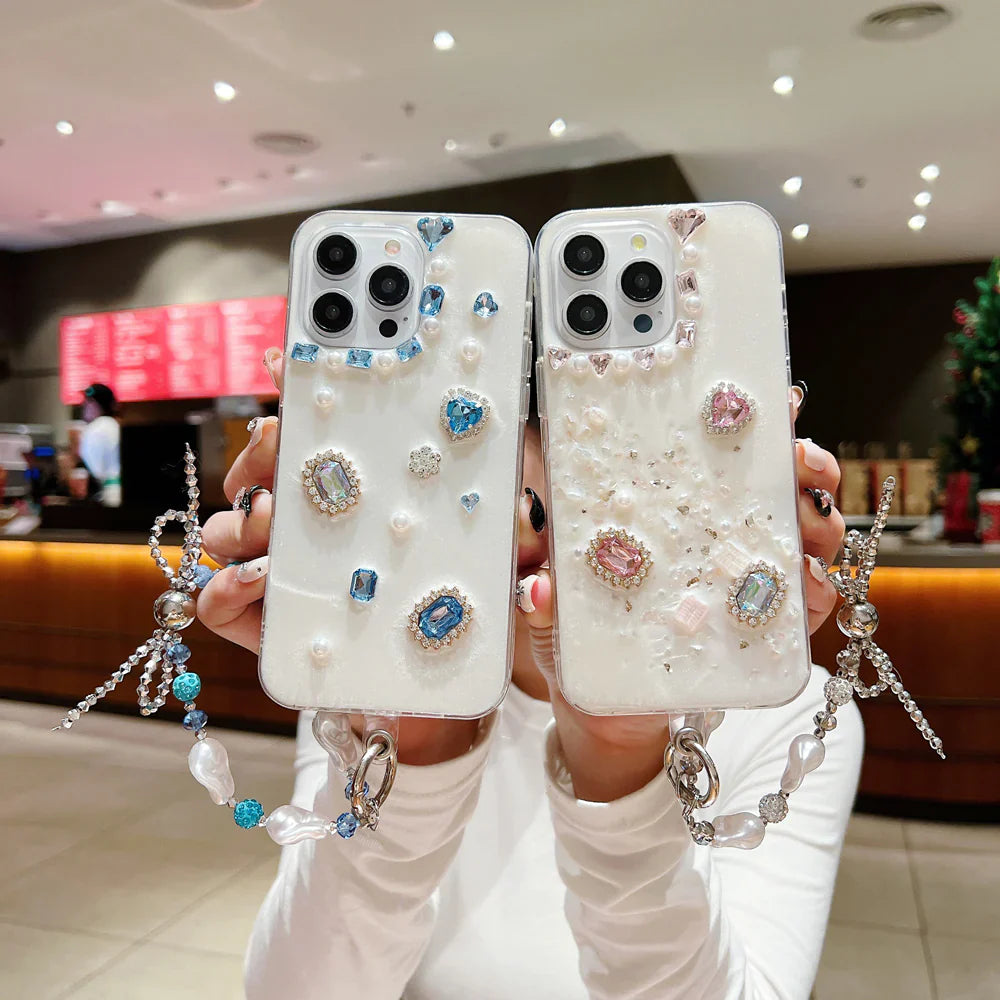 iPhone case with white rubber gel coating and colorful stones