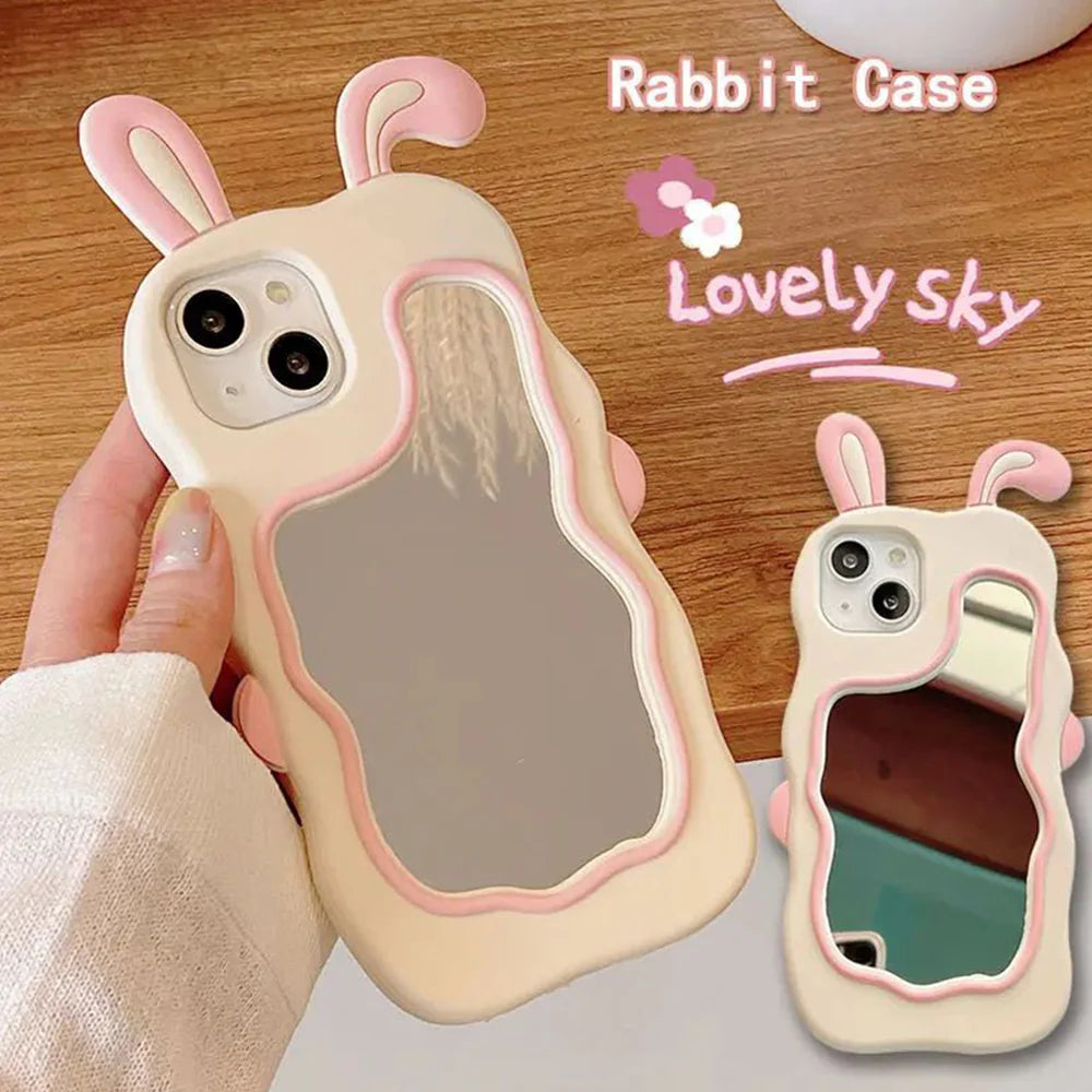 Silicone Mirror Cute Rabbit Design iPhone 16 Cover