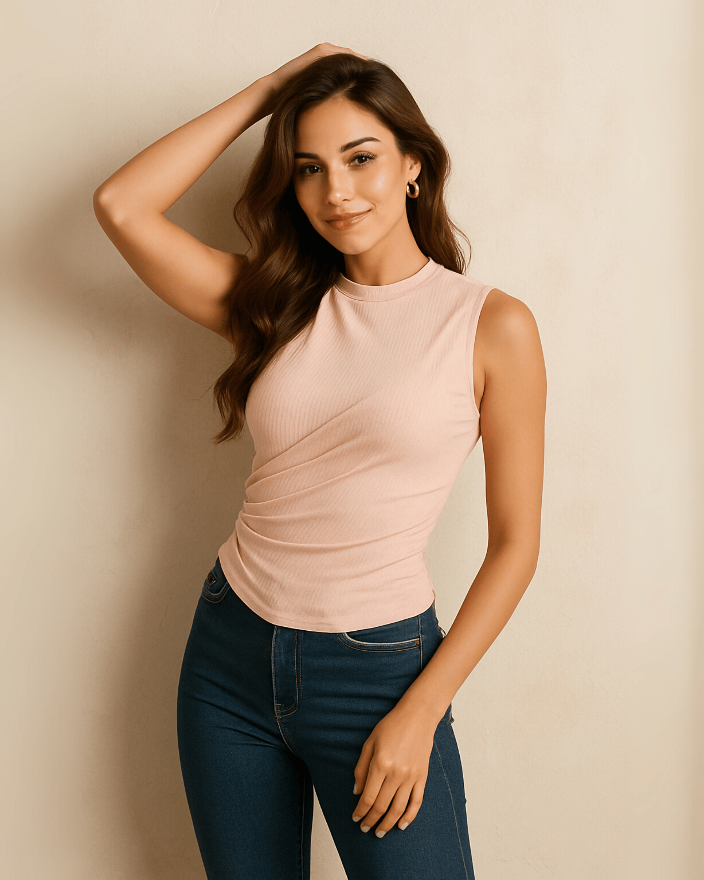 Peach Wrap Effect Ribbed Top