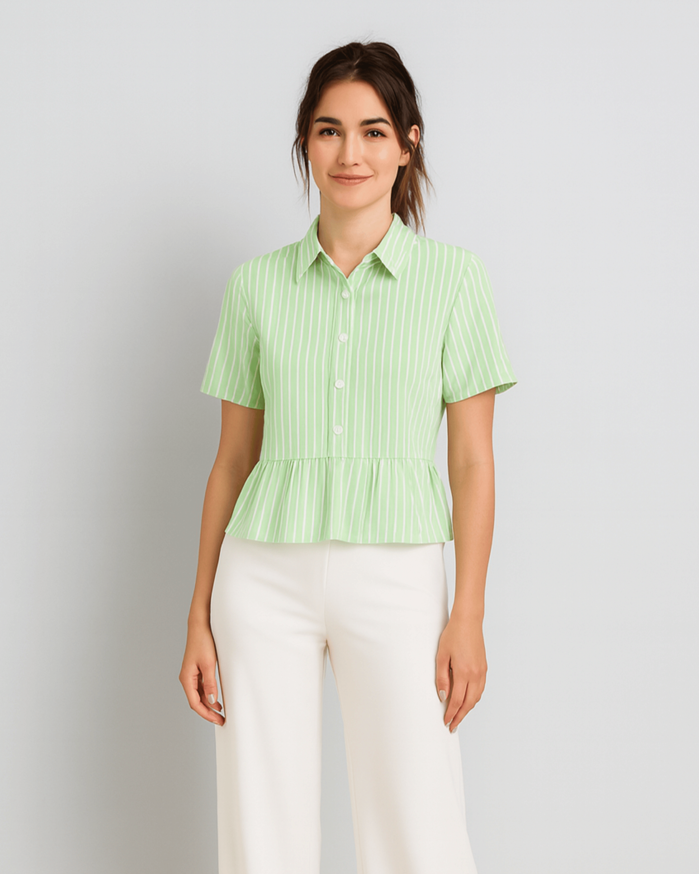 Women's Green Striped Peplum Shirt