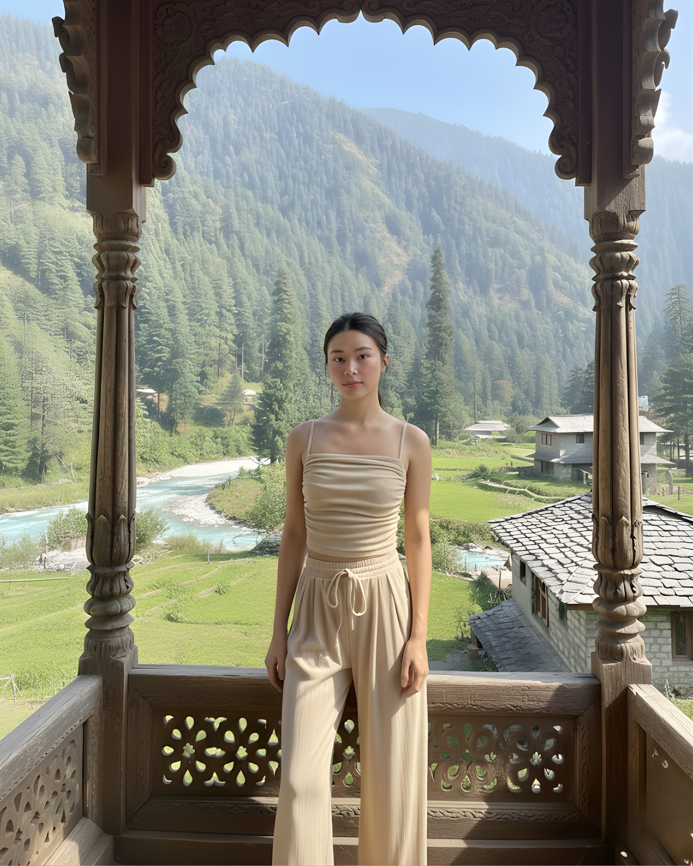 Effortless Ruched Square Neck Top & Easy-Waist Trouser Set-Beige