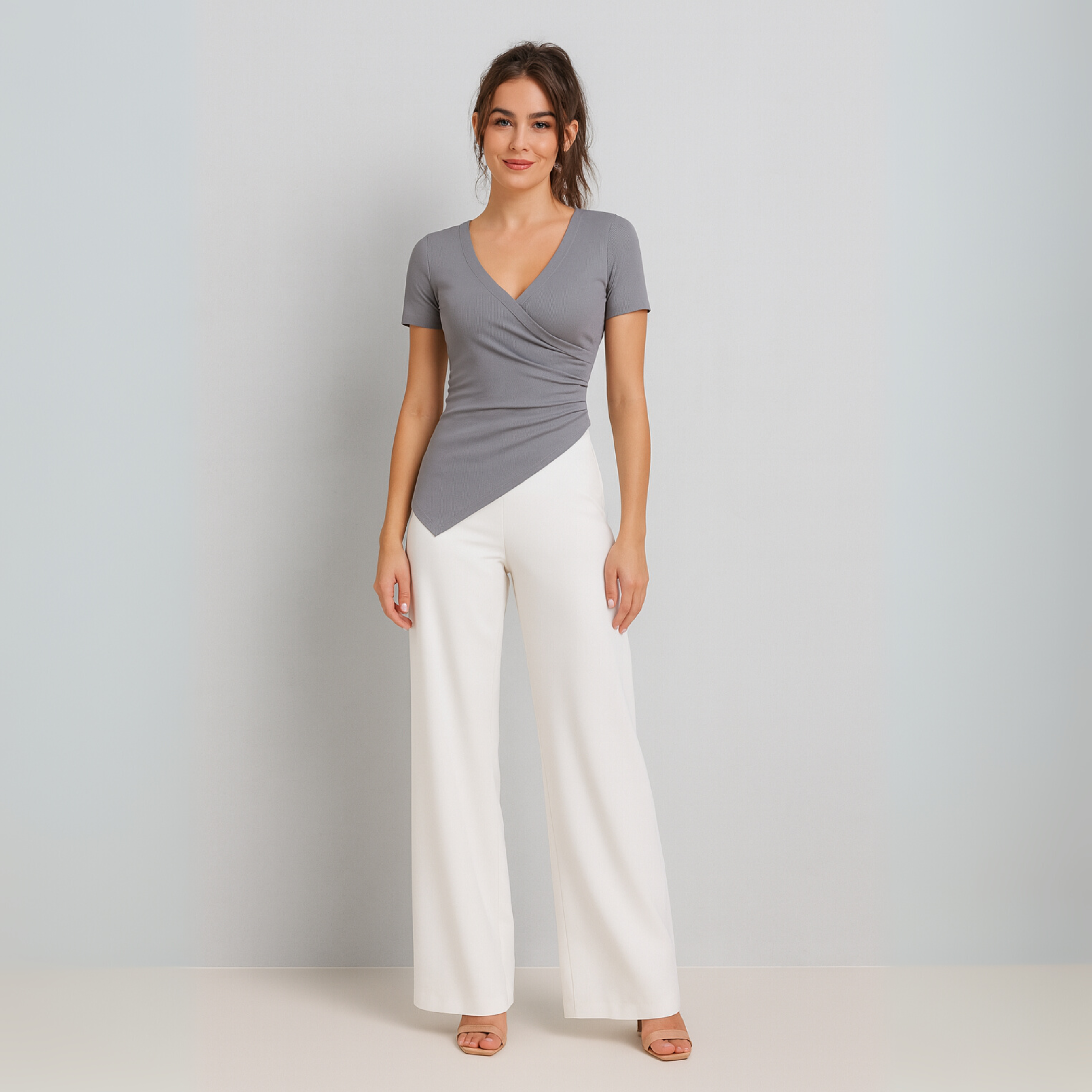 Grey V-Neck Wrap Style Top