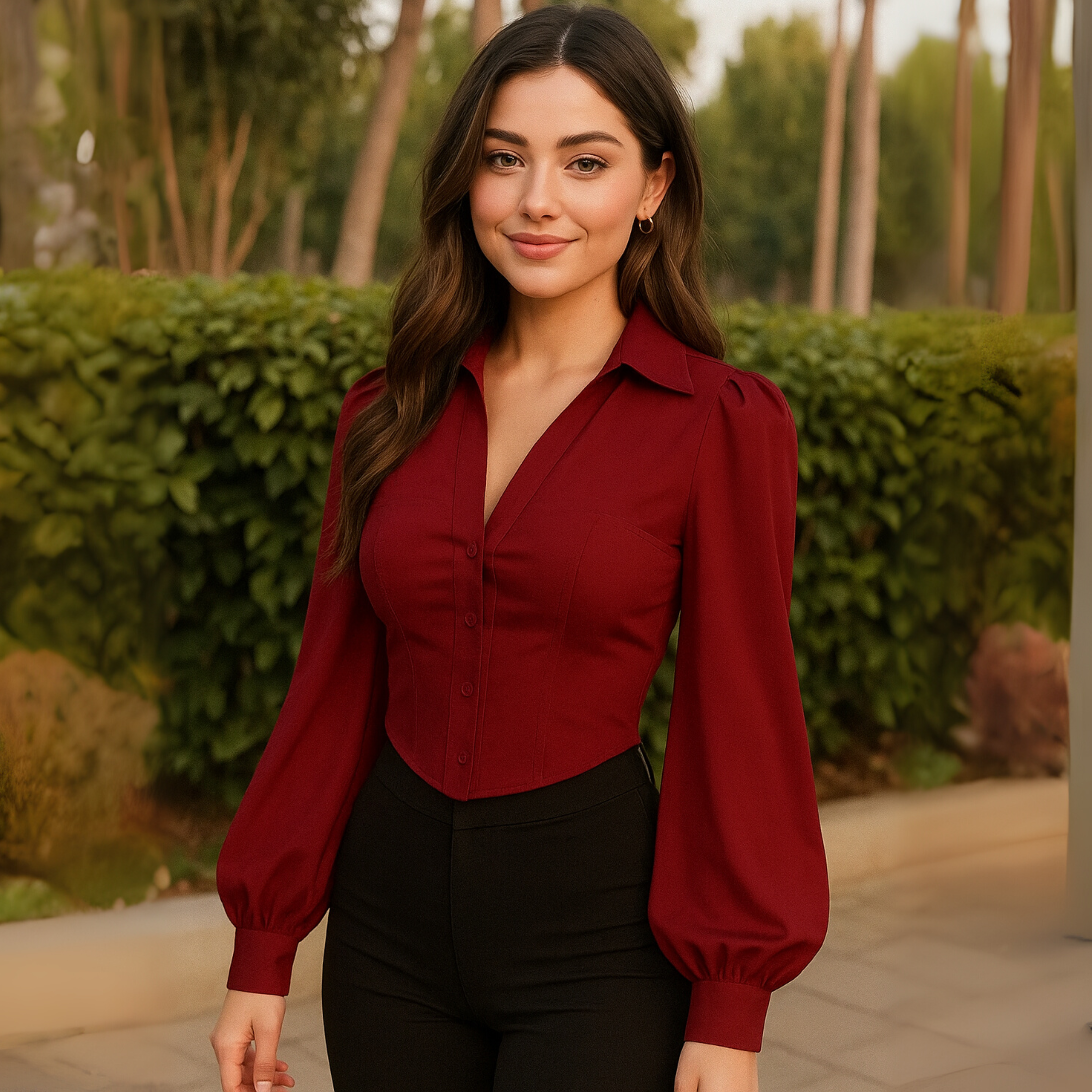 Classic Red Shirt with Puff Lantern Sleeves