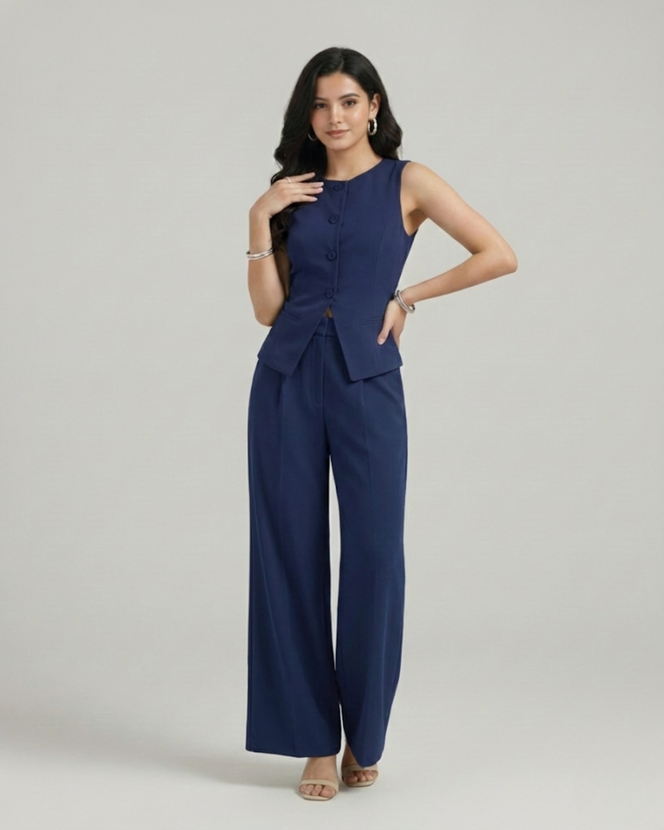 Solid Button Vest & Straight Leg Pocket Trousers