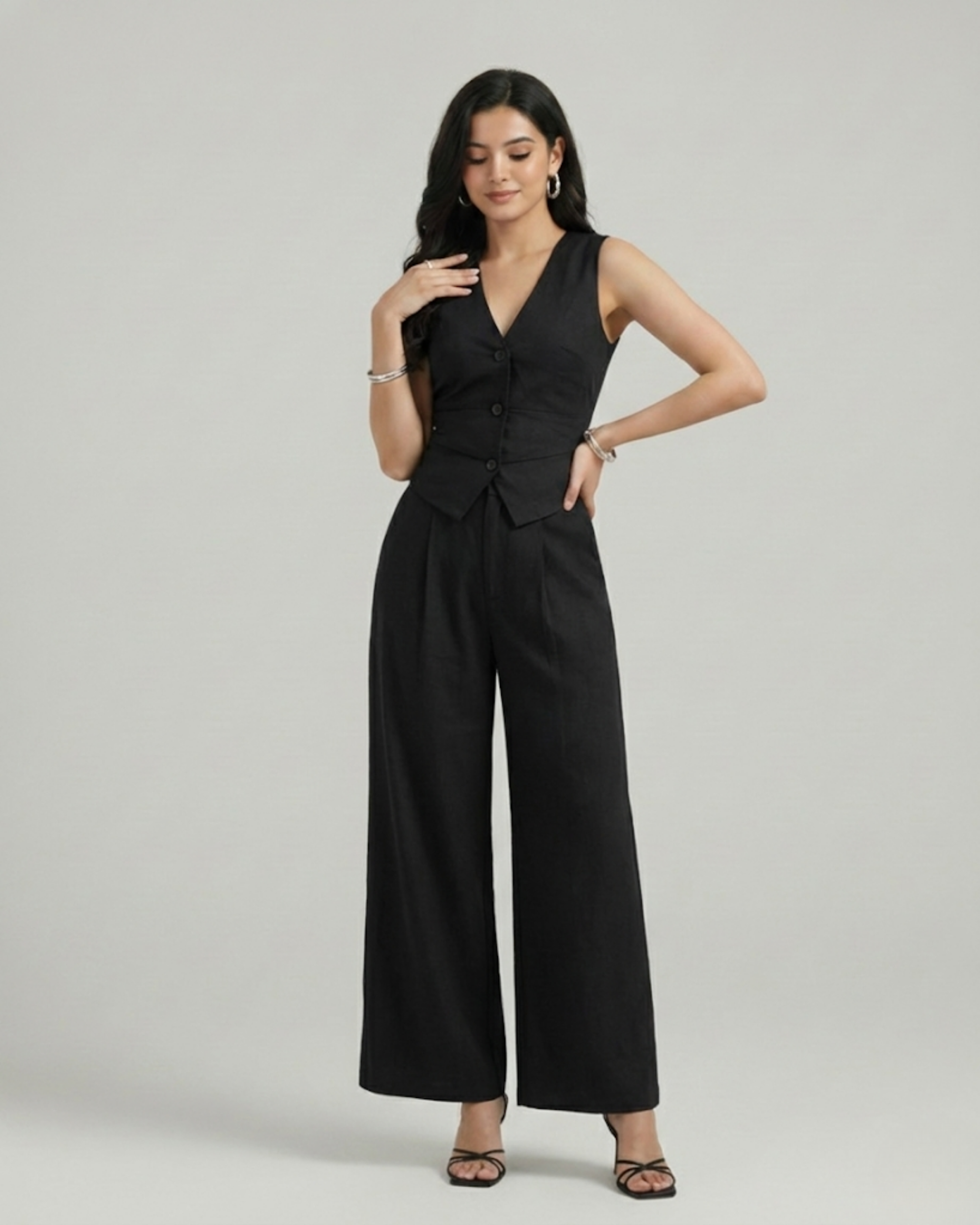 Cotton Blend Button Tank & Wide Leg Pocket Pants