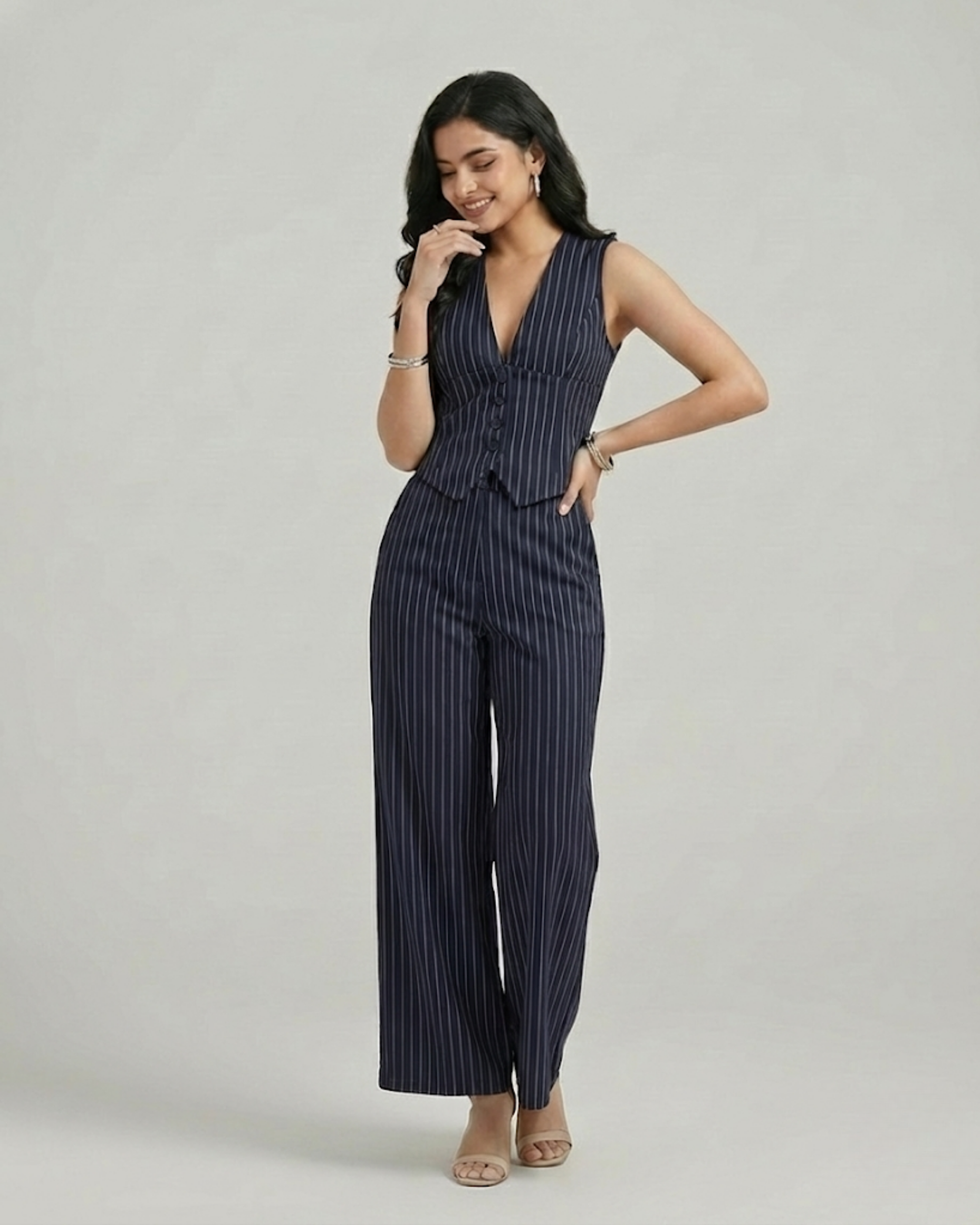 Striped Button Tank & Straight Leg Trouser Set
