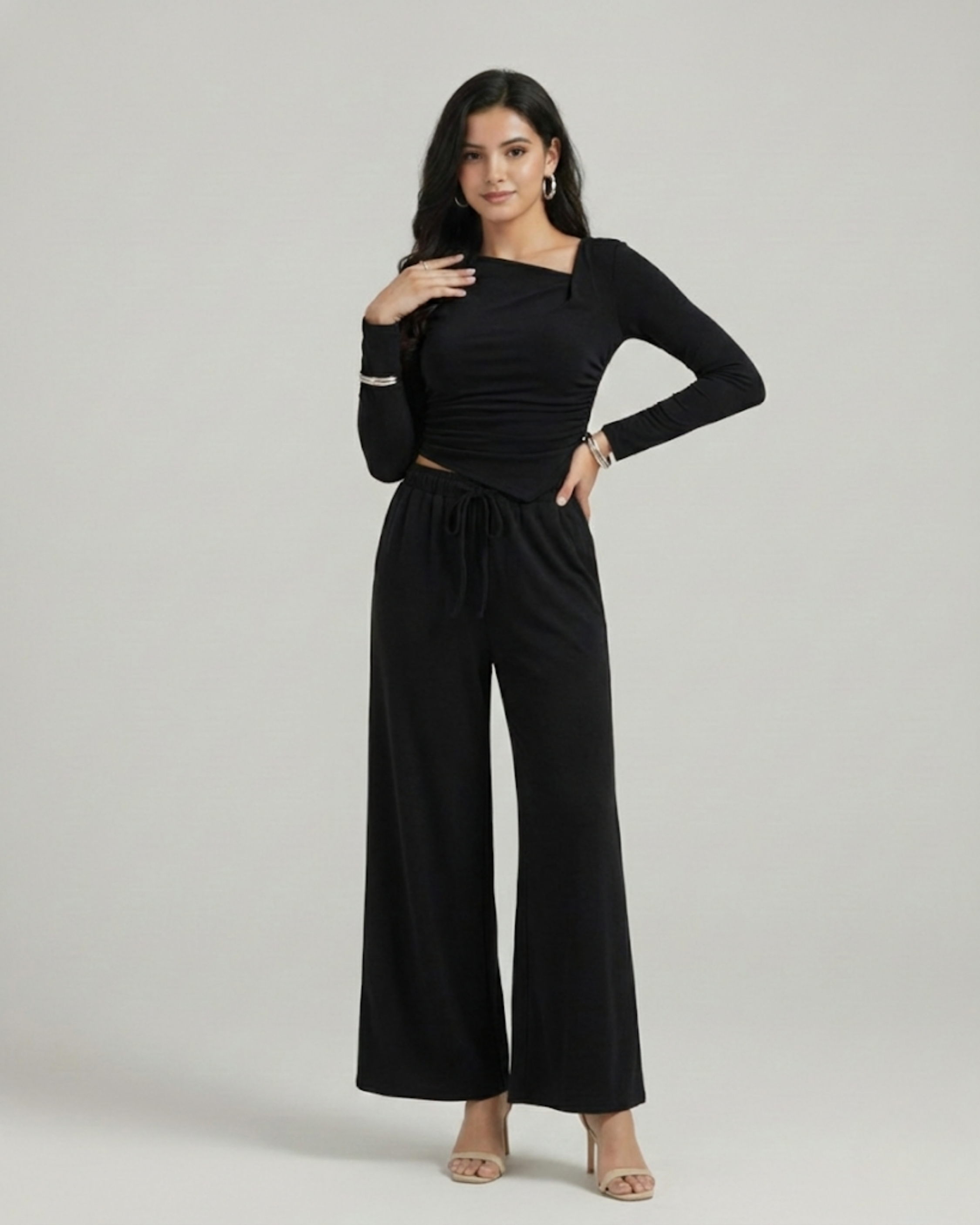 Cotton Blend Ruched Top & Drawstring Trouser Set