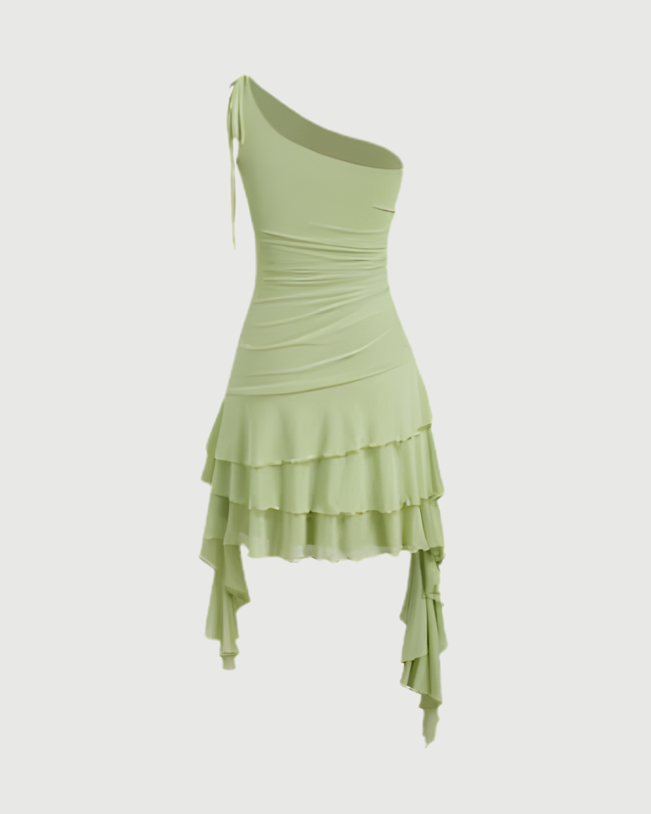 Women’s Solid Mesh Asymmetrical Neck Mini Dress with Layered Ruffle Hem - Matcha Green