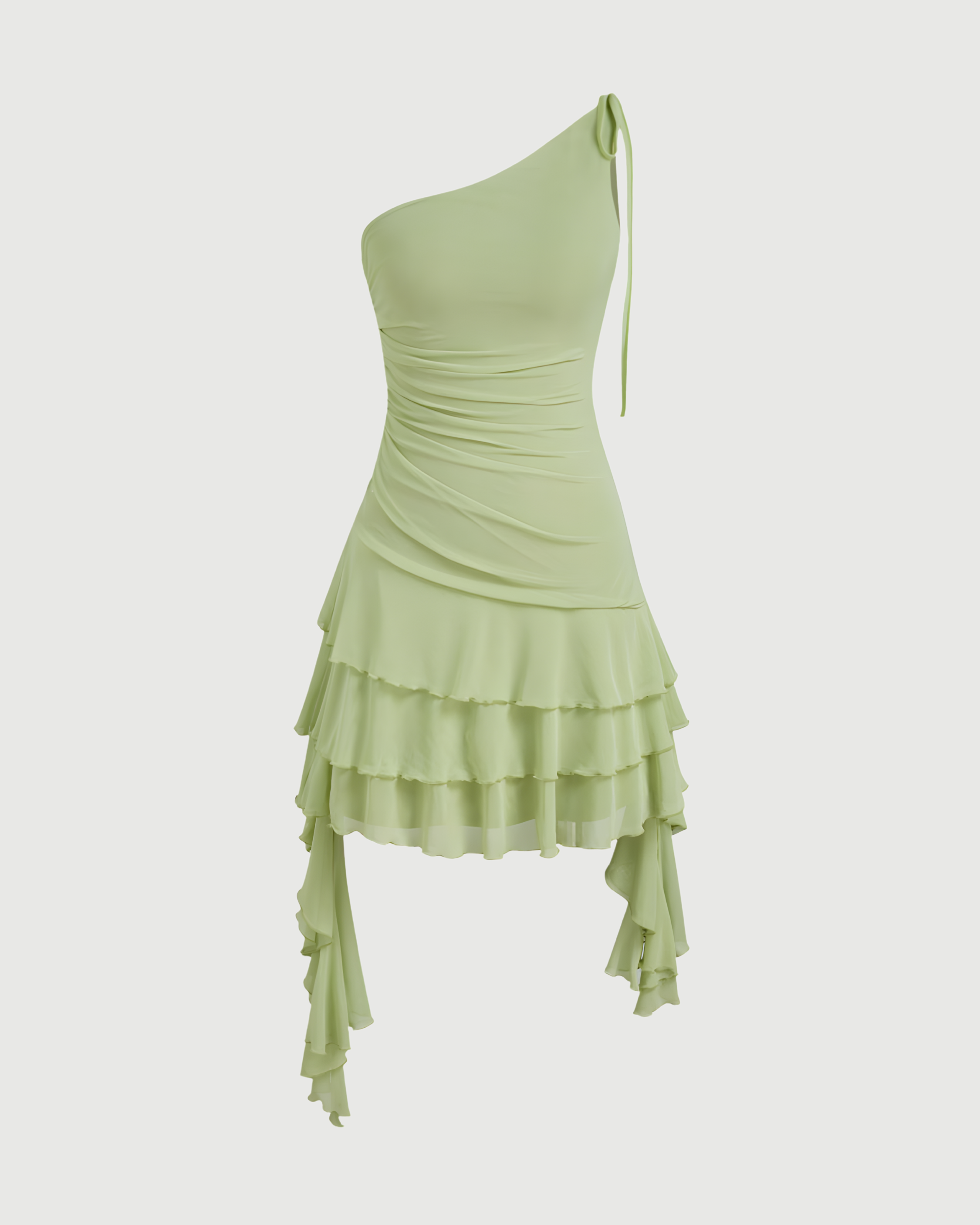 Women’s Solid Mesh Asymmetrical Neck Mini Dress with Layered Ruffle Hem - Matcha Green