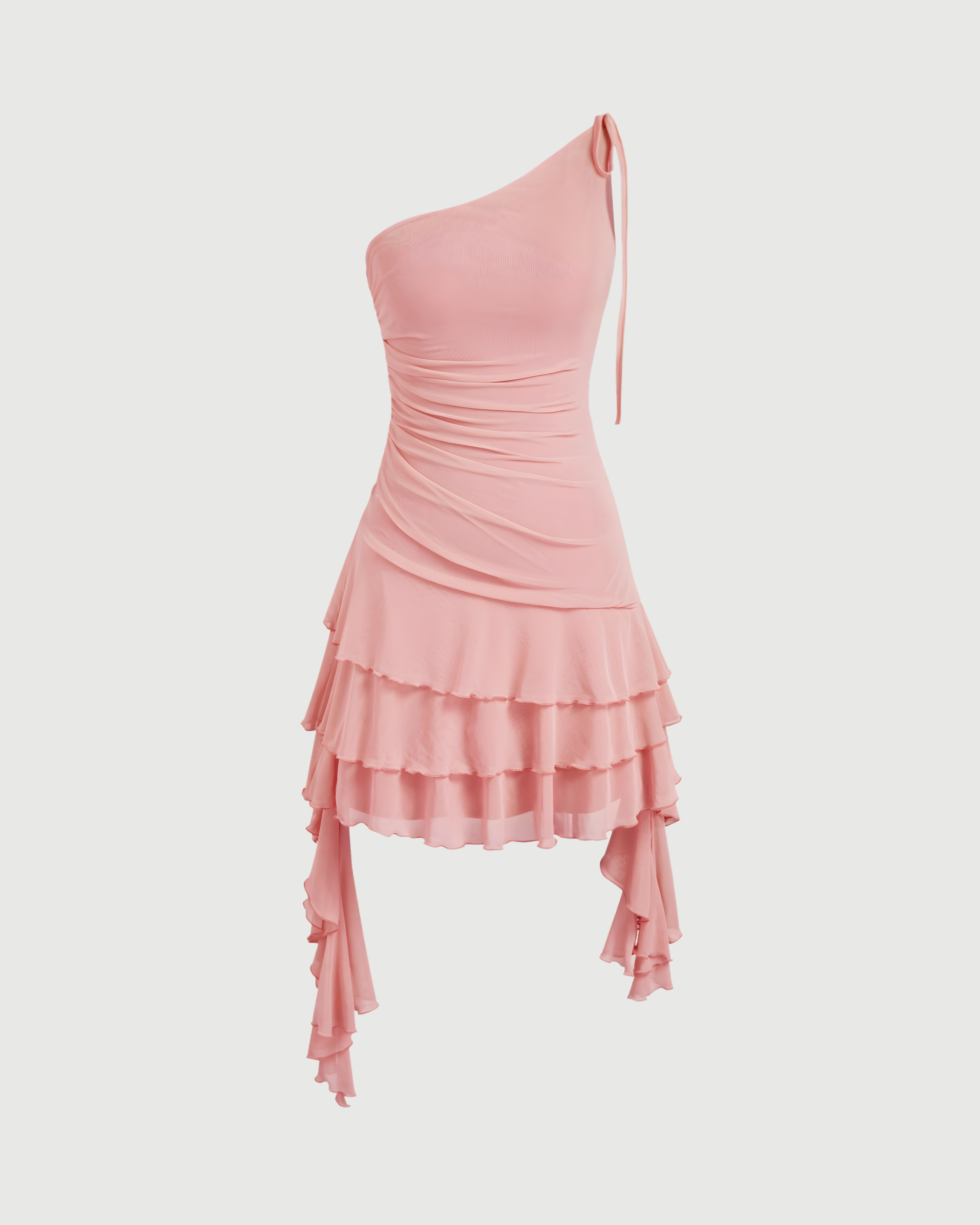 Solid Mesh Asymmetrical Neck Mini Dress with Tiered Ruffle Hem for Women - Pink