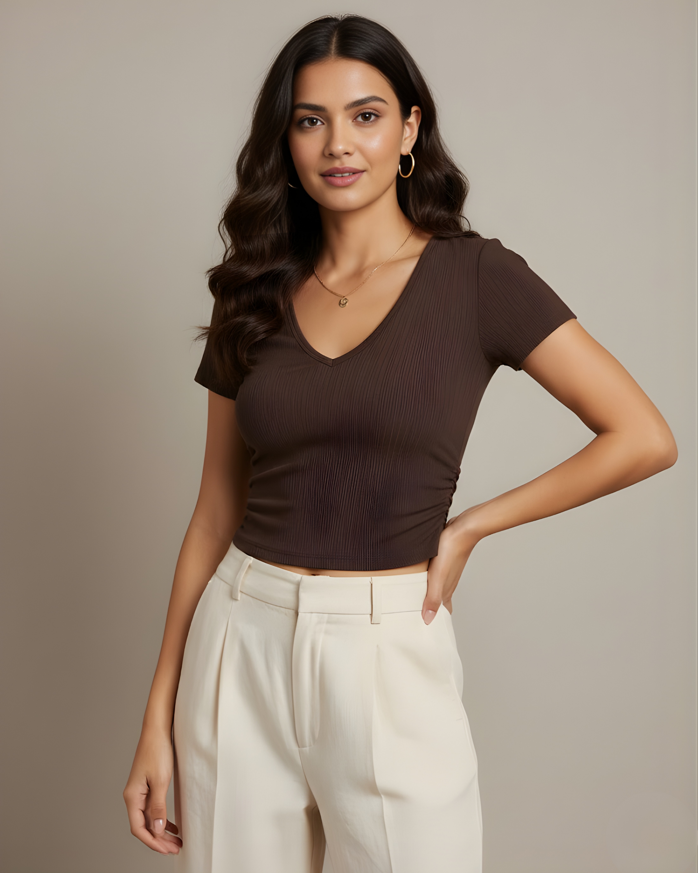 V-Neck Ruched Crop Top – Brown