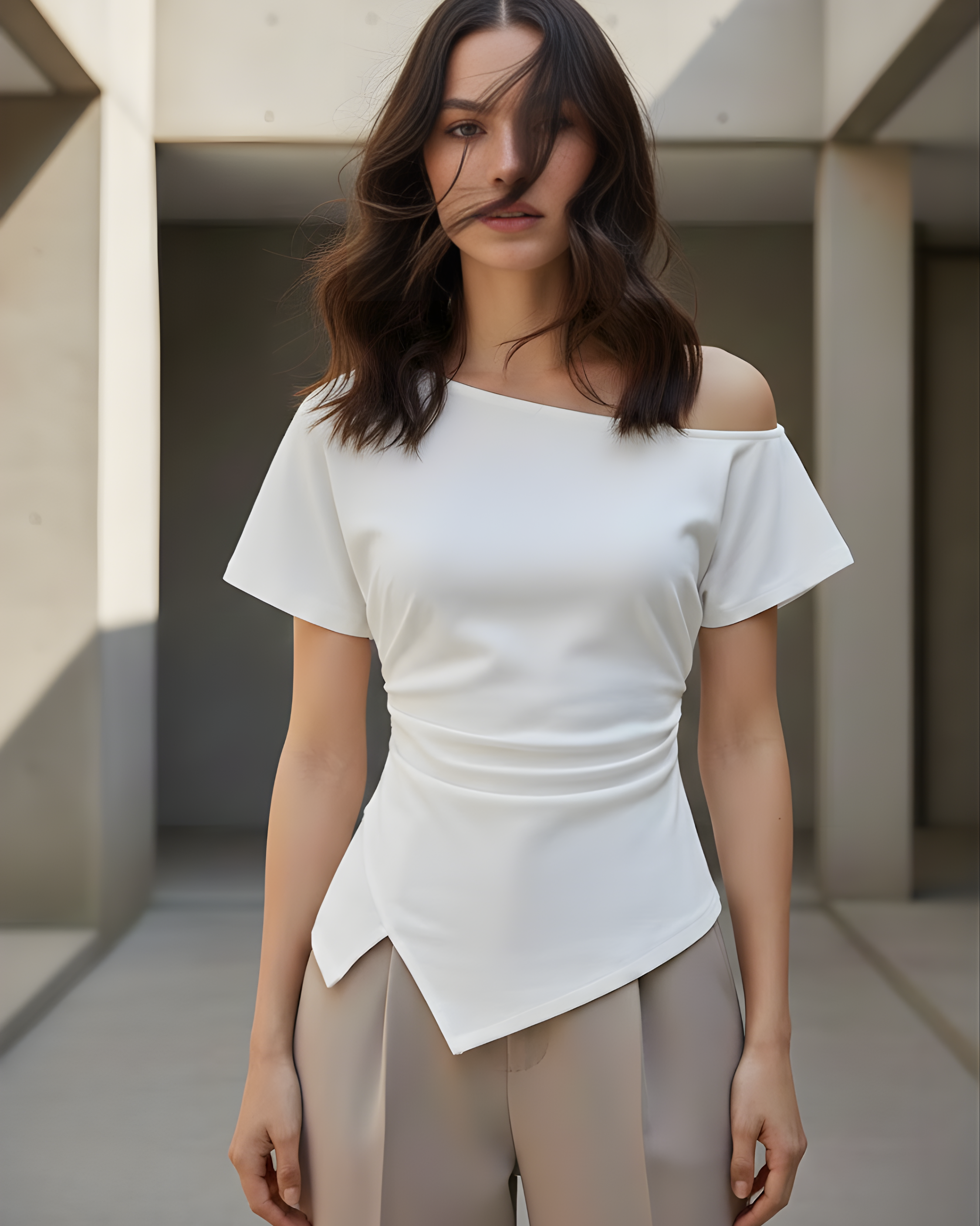 Cotton-blend Asymmetrical Neck Ruched Tee-White