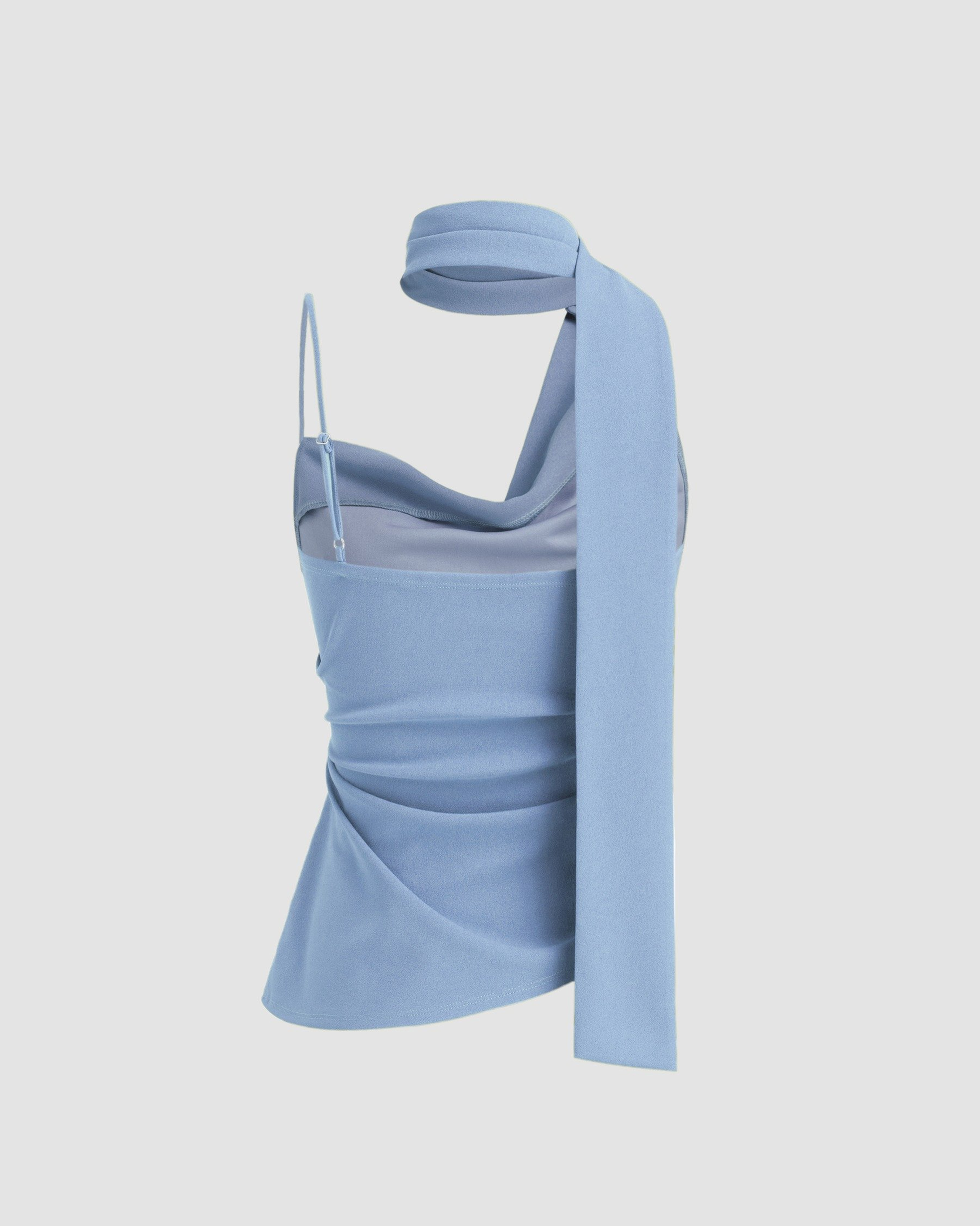 Halter Neckline Ruched Cami Top With Scarf-Sky Blue
