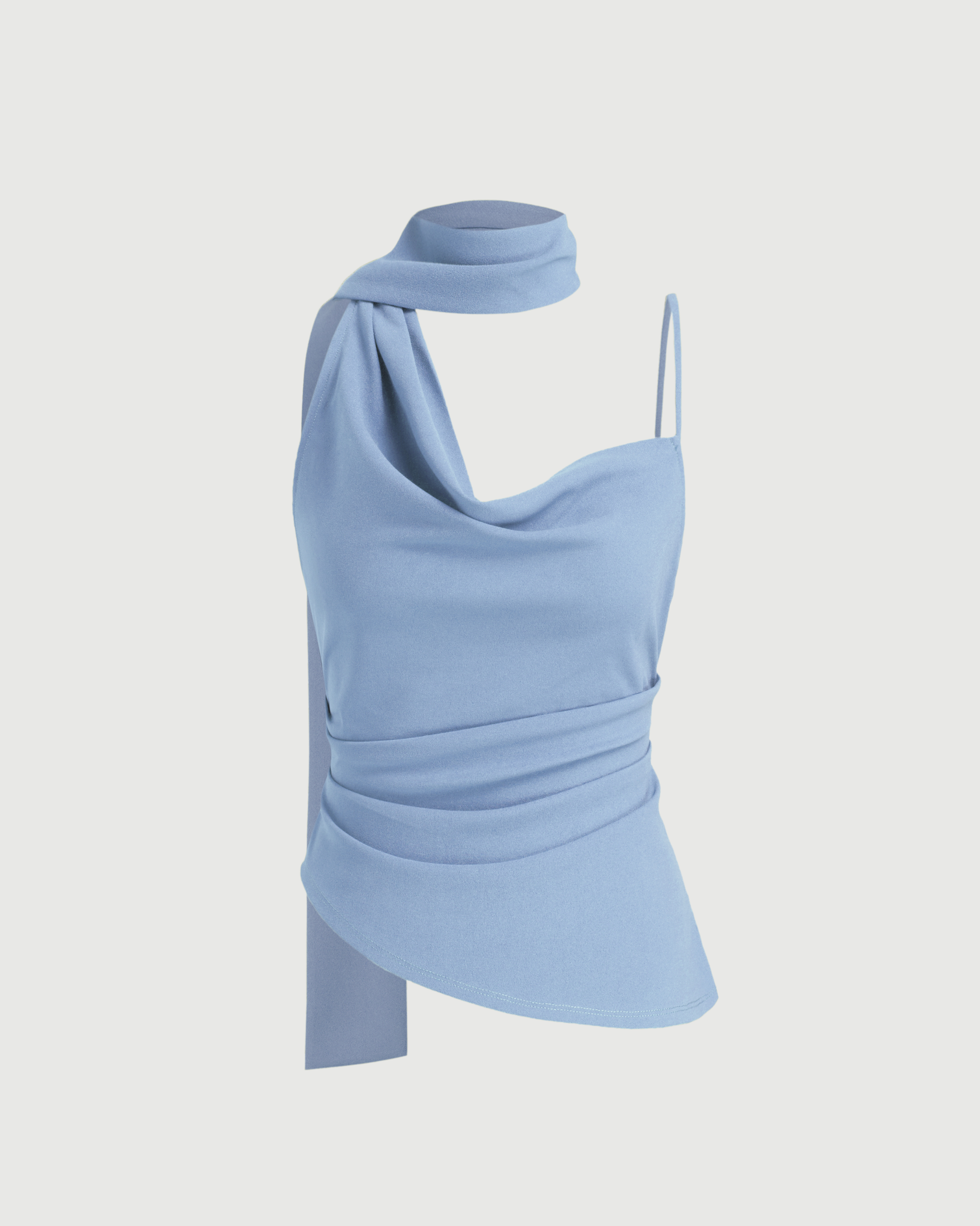 Halter Neckline Ruched Cami Top With Scarf-Sky Blue