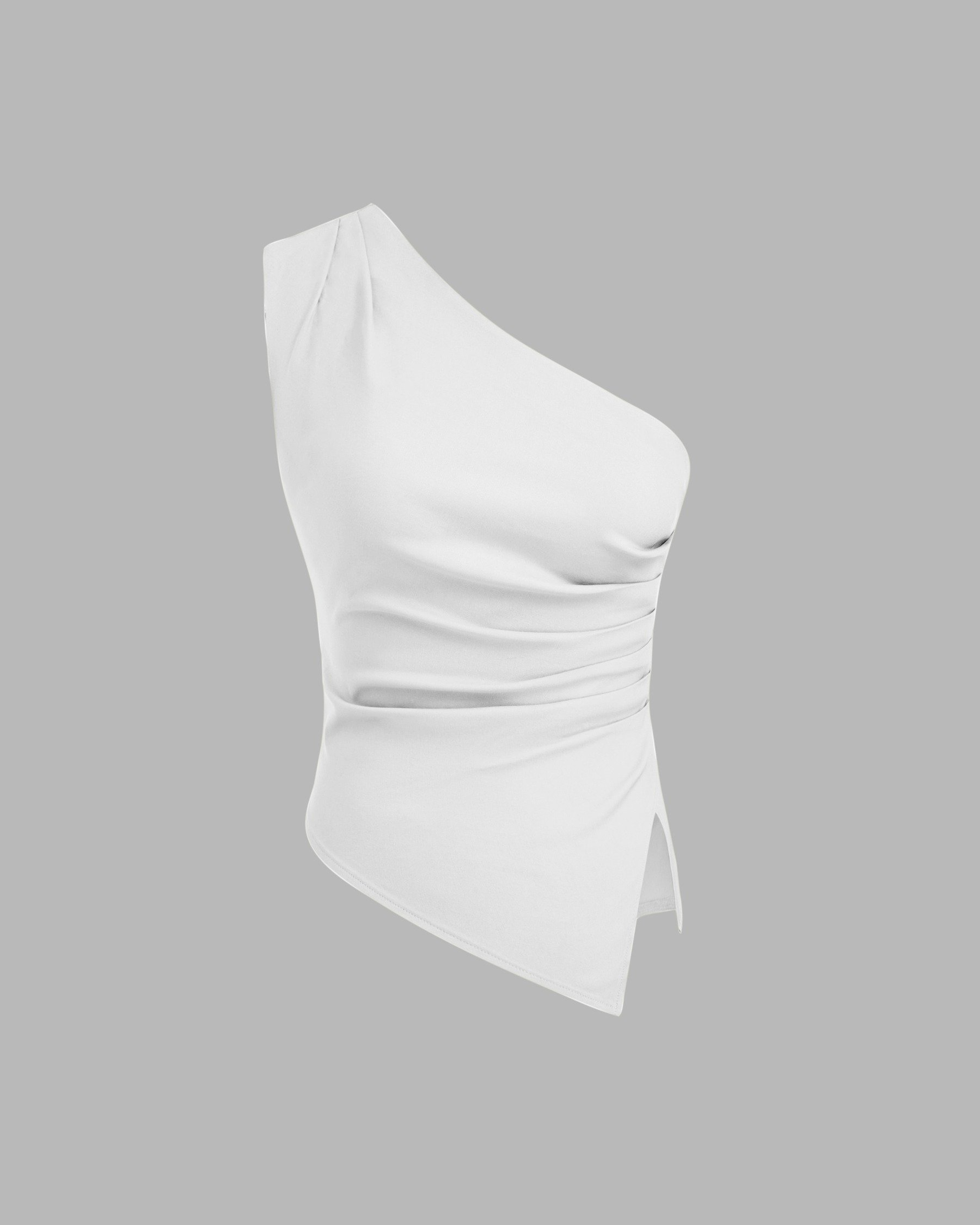 Asymmetrical Ruched Split Tank Top-White