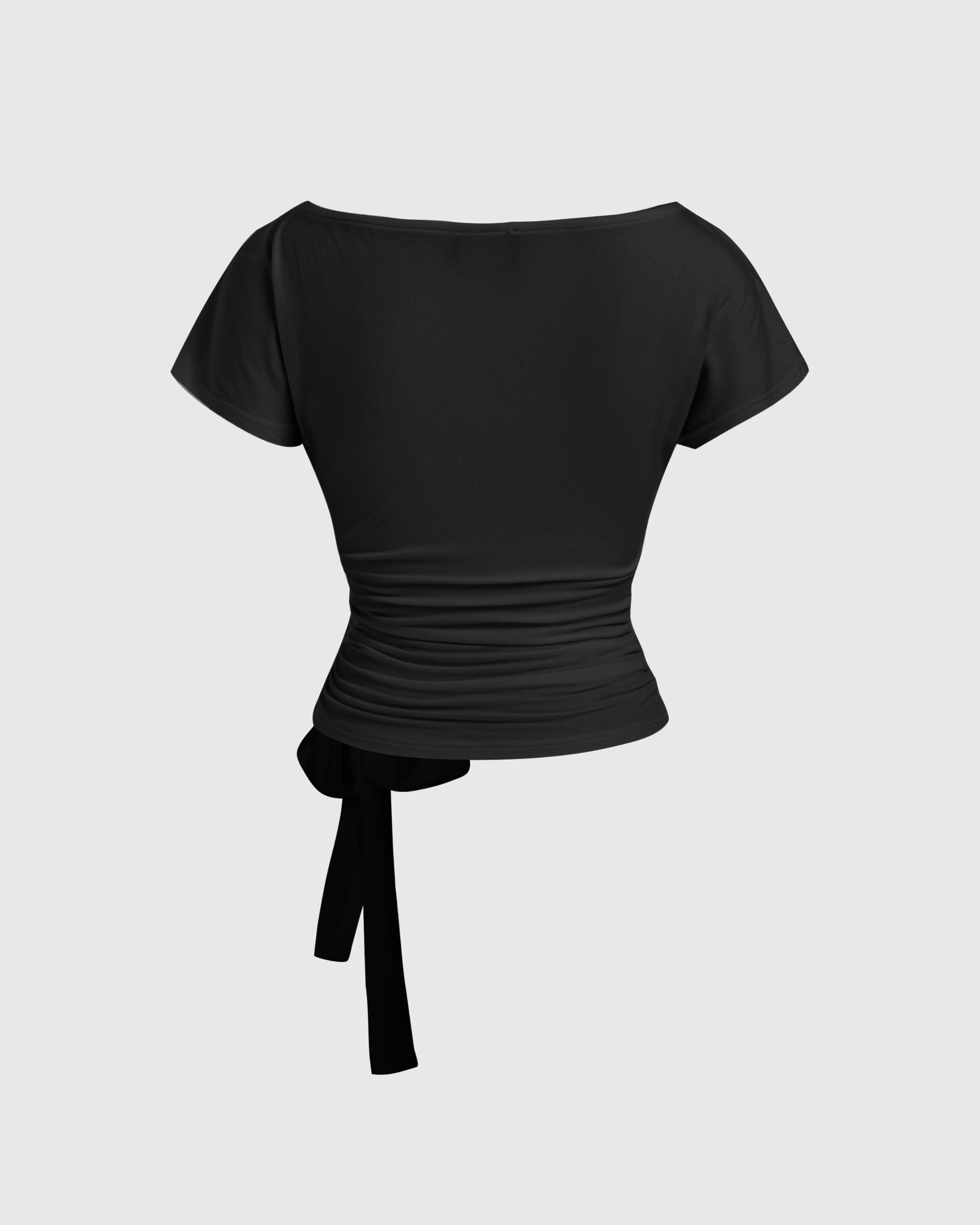 Asymmetrical Neck Short Sleeve Knotted Ruched Top-Black
