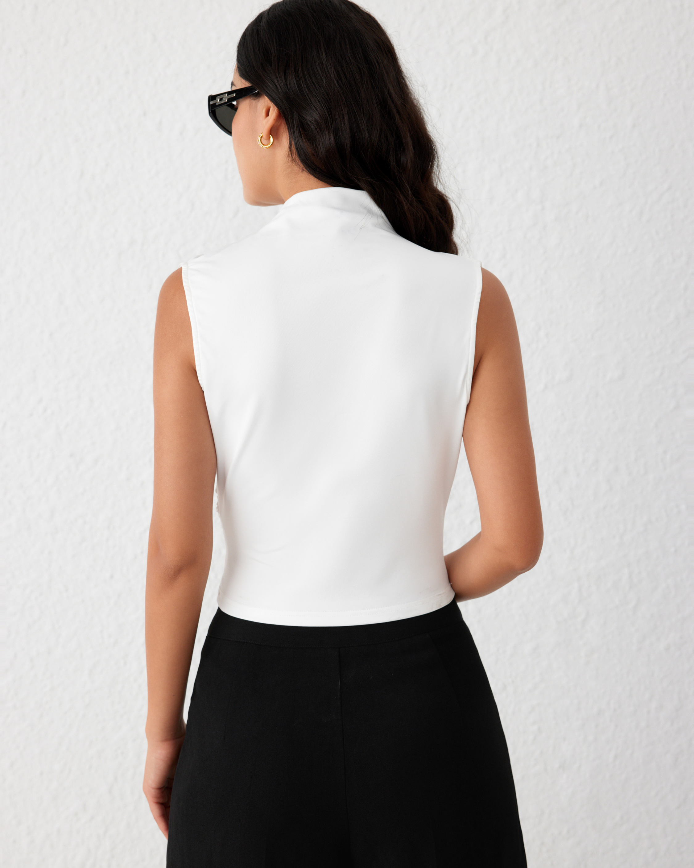 Asymmetrical High Neck Ruched Crop Top-White