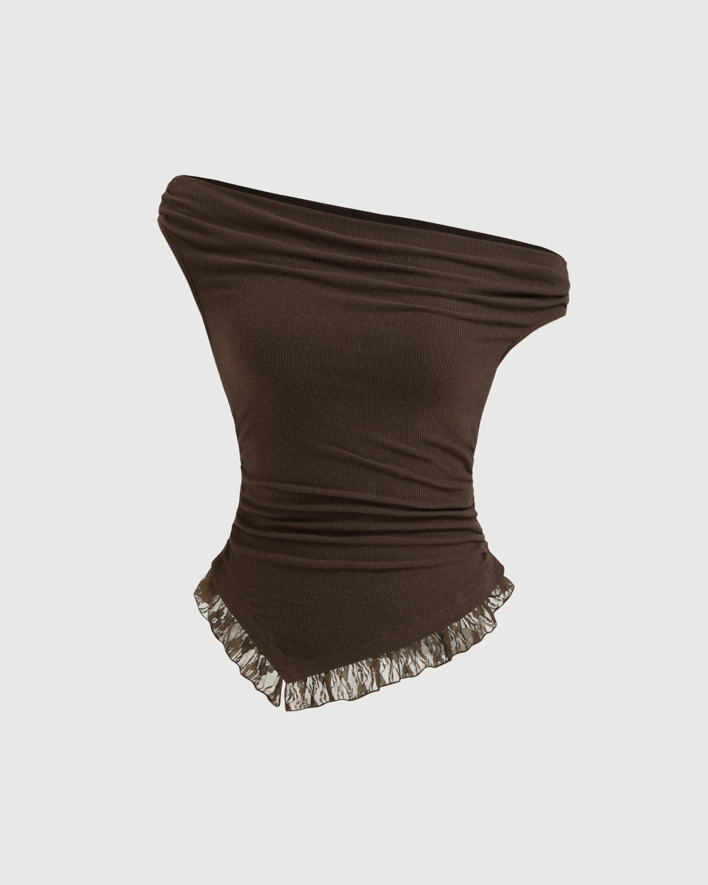 Asymmetrical Neck Lace Trim Ruched Top-Coffee