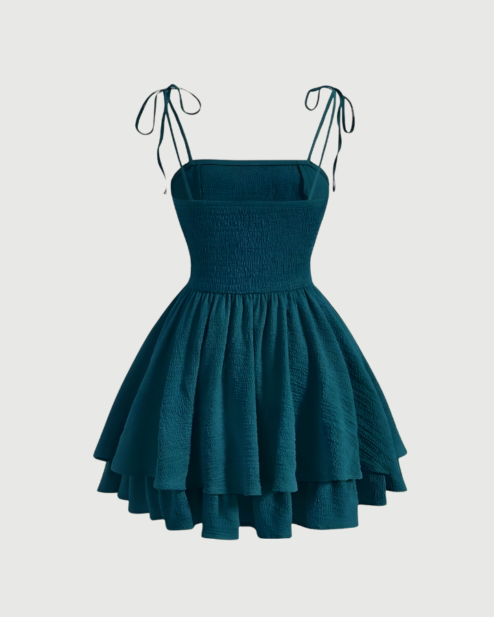 Solid Tie Shoulder Ruched Layered Ruffle Hem Cami Dress-Green