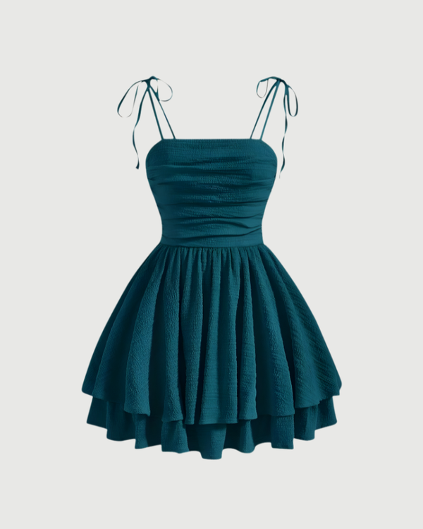 Solid Tie Shoulder Ruched Layered Ruffle Hem Cami Dress-Green