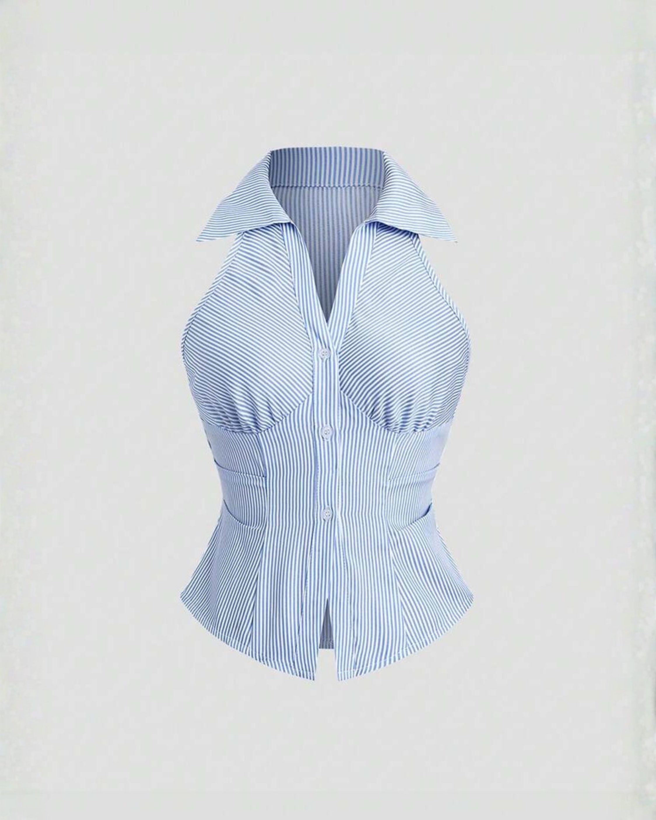 Blue Striped Sleeveless Fitted Collared Shirt-Blue & White