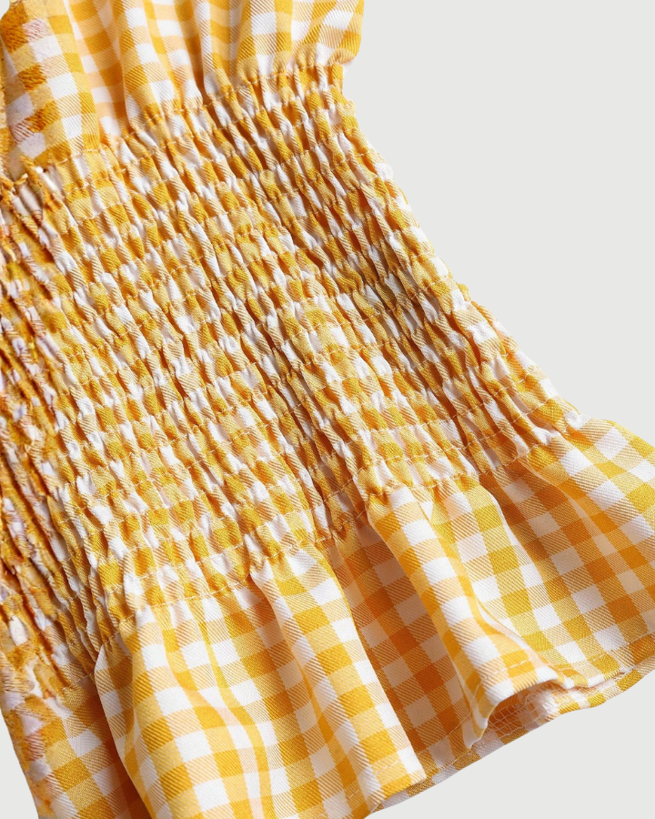French Style Plaid Tie Shoulder Fitted Tank Top-yellow & White