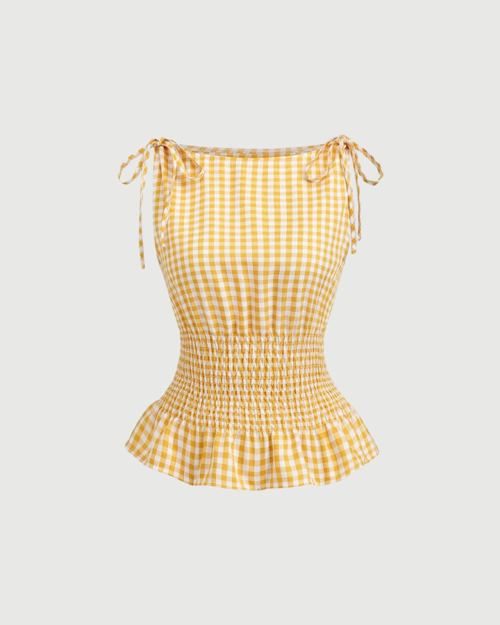 French Style Plaid Tie Shoulder Fitted Tank Top-yellow & White