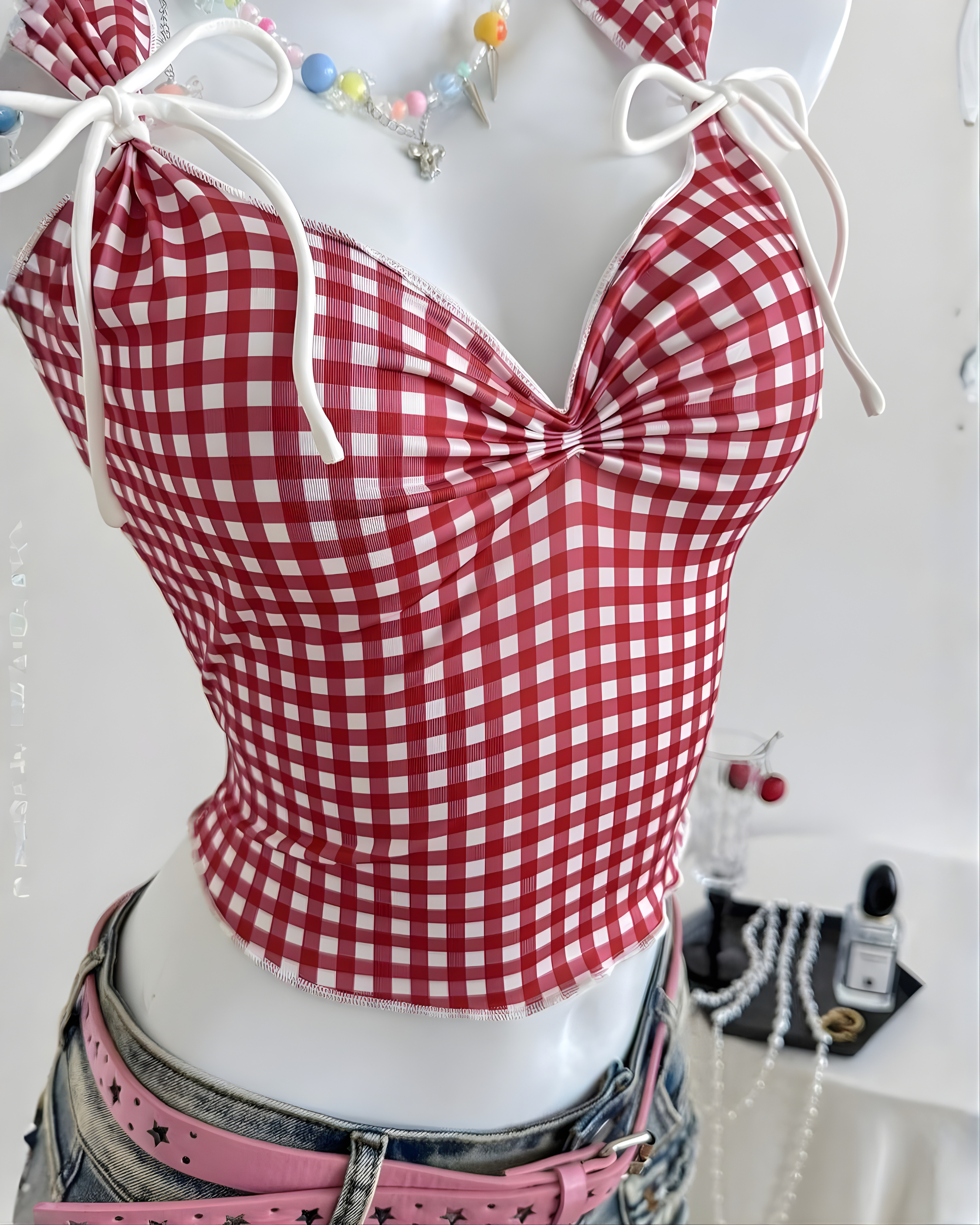 Plaid Sweetheart Knotted Front Top-Red & White