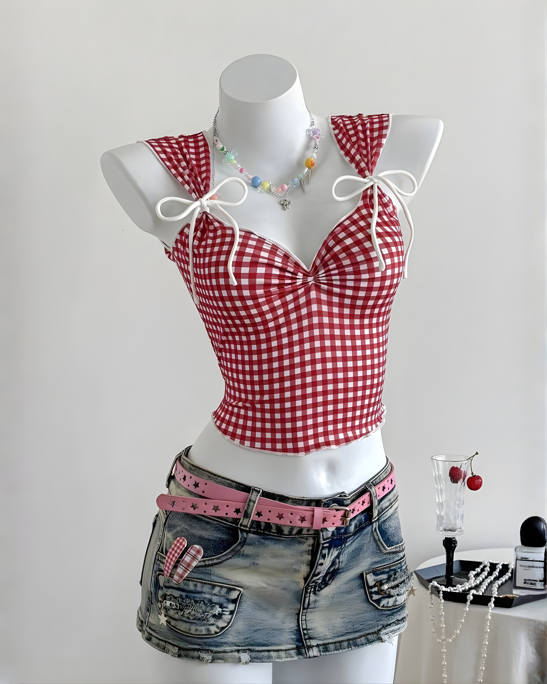 Plaid Sweetheart Knotted Front Top-Red & White