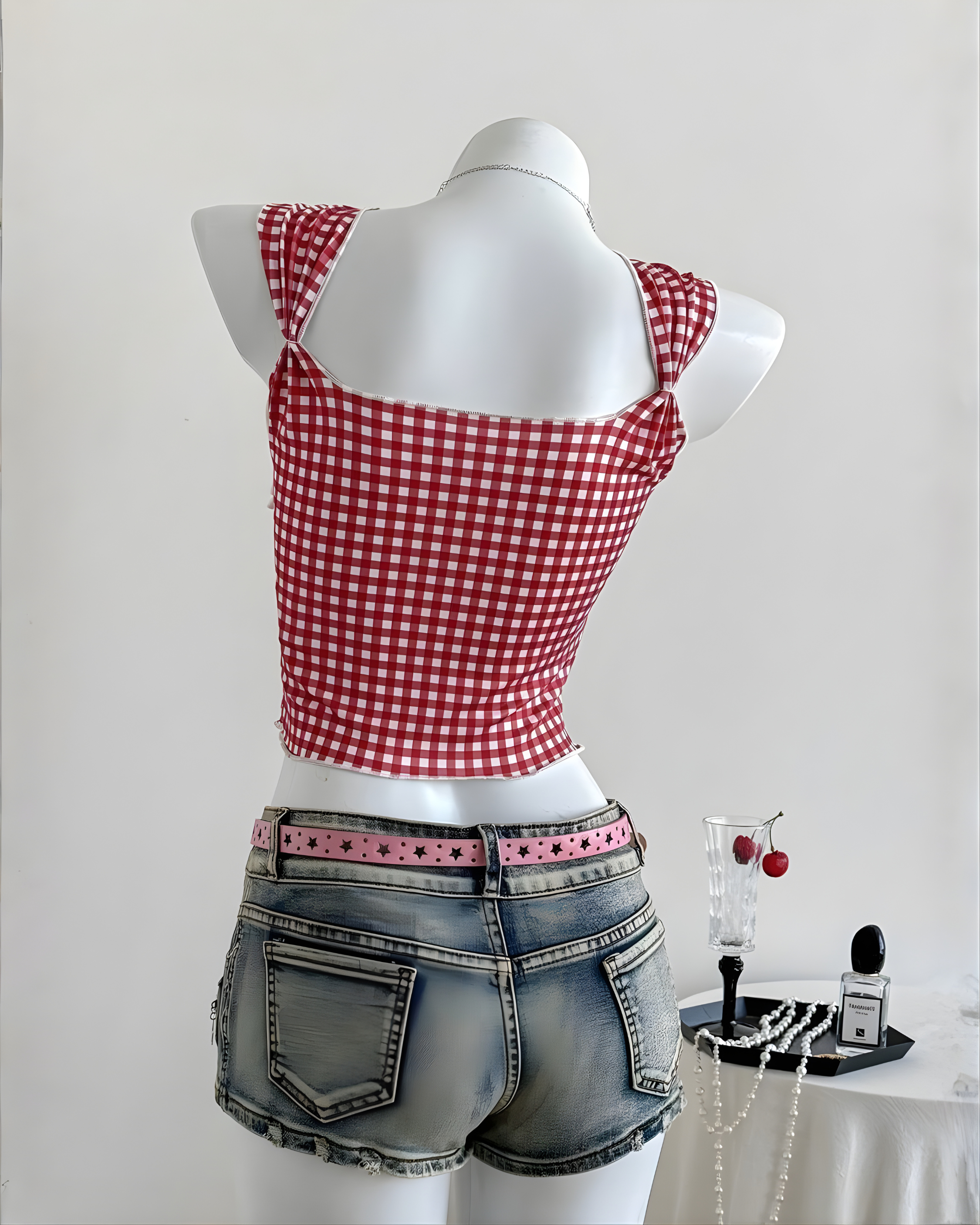 Plaid Sweetheart Knotted Front Top-Red & White