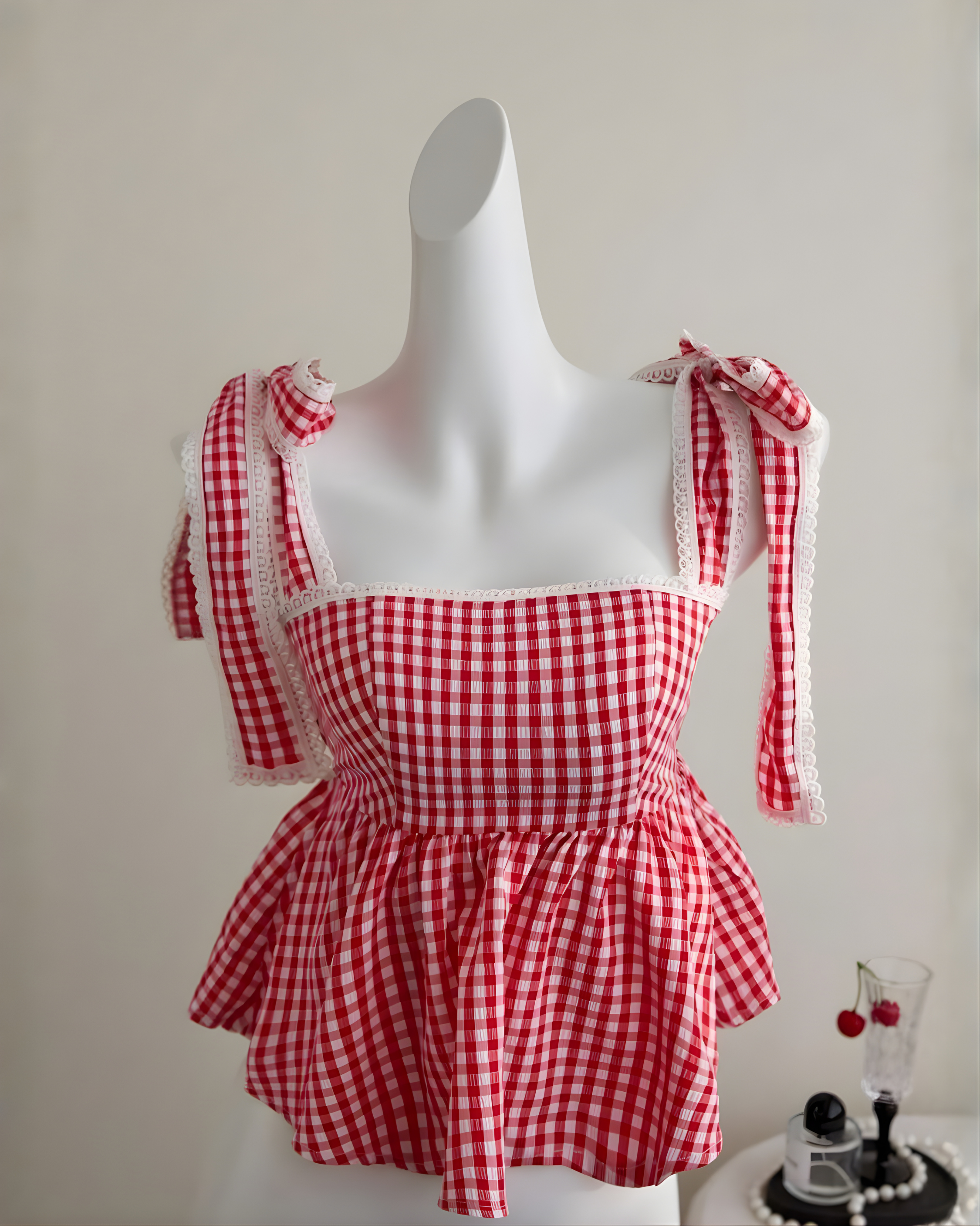 Square Neck Lace Patchwork Plaid -Pink & White