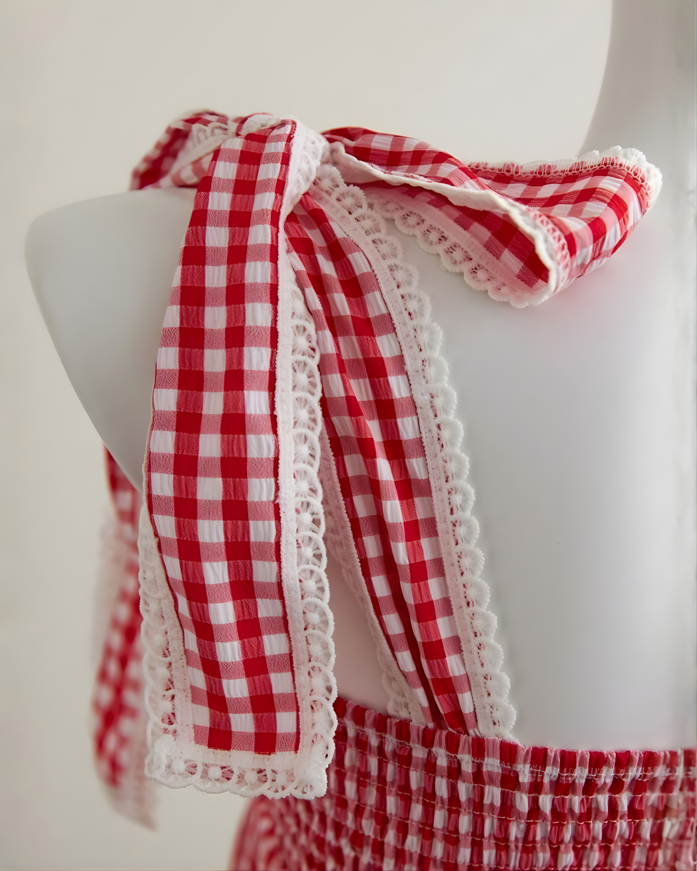 Square Neck Lace Patchwork Plaid -Pink & White