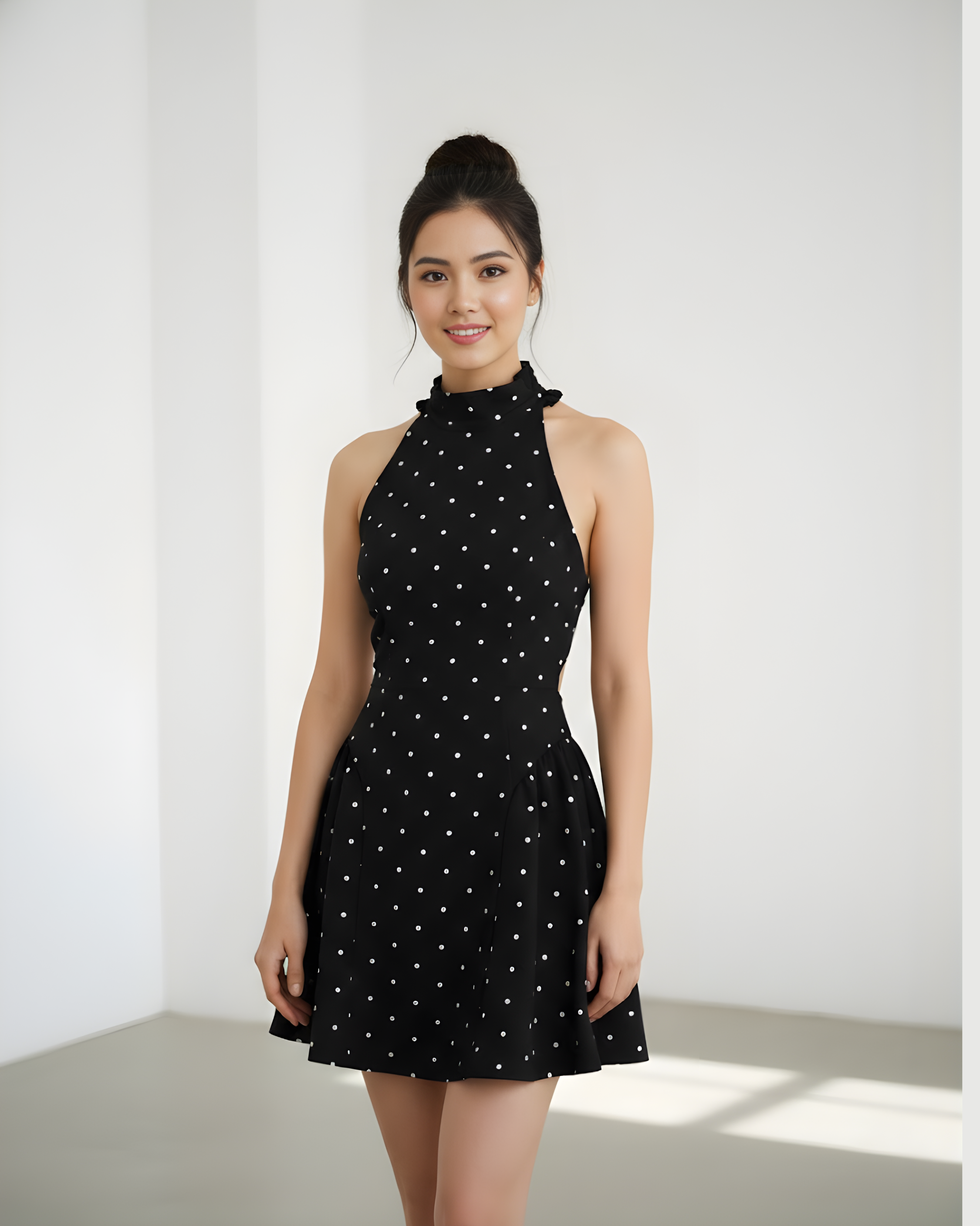 Halter Neckline Polka Dot Backless Ruffle Mini Dress-Black & White