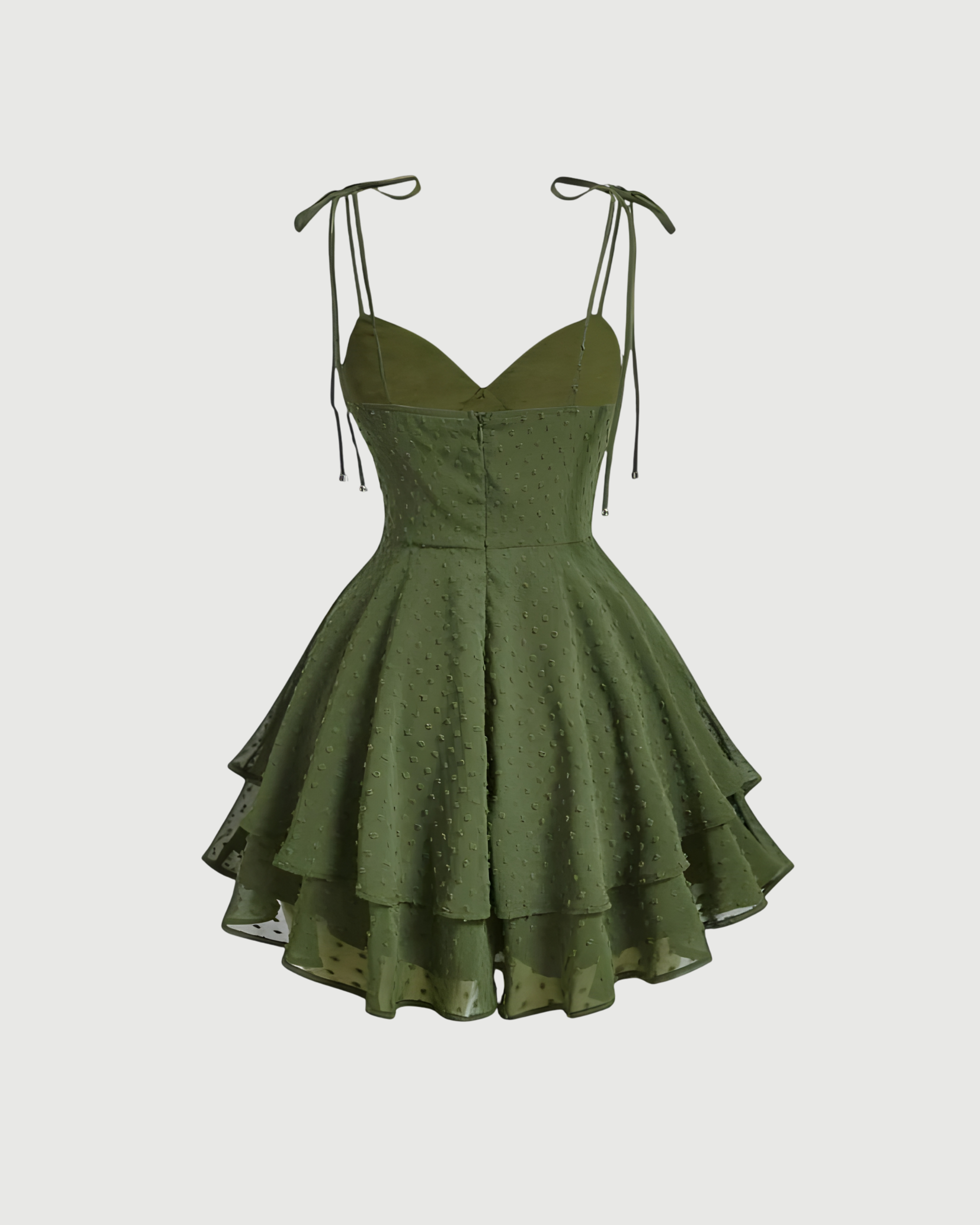 Swiss Dot Tie Shoulder Green Ruffle Dress