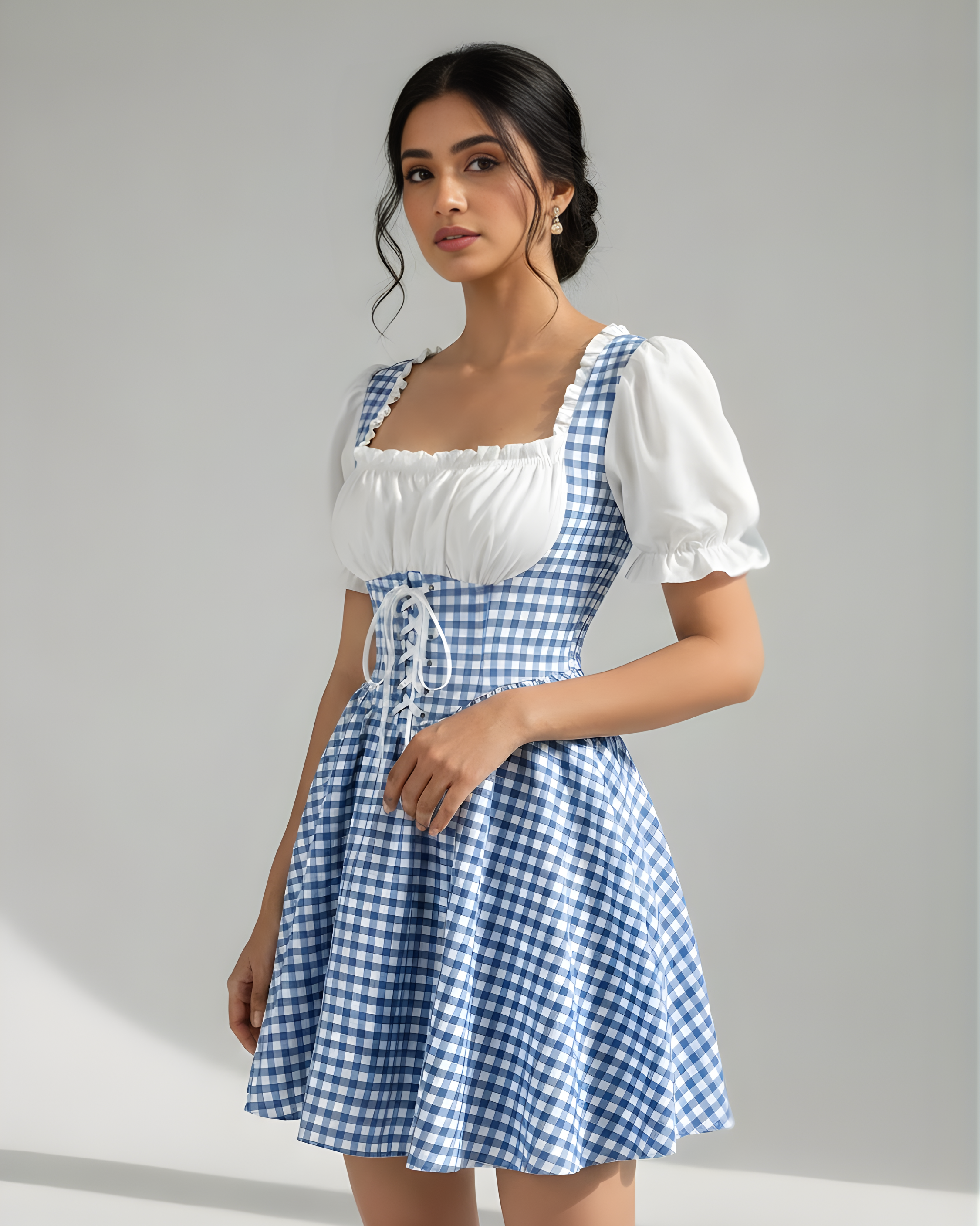 Vintage Cottagecore Gingham Dress-Light Blue & White