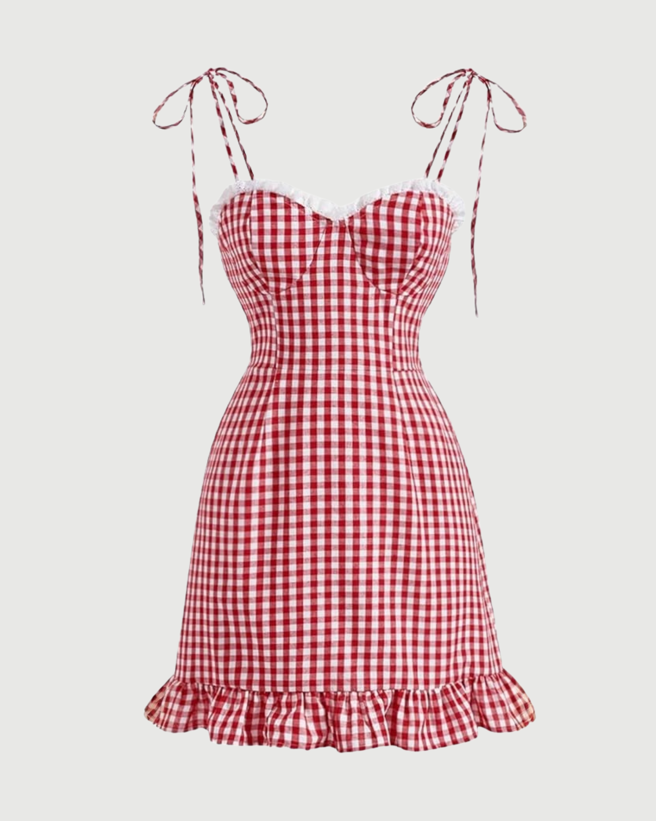 Gingham Tie Shoulder Ruffle Hem Dress- Red and White