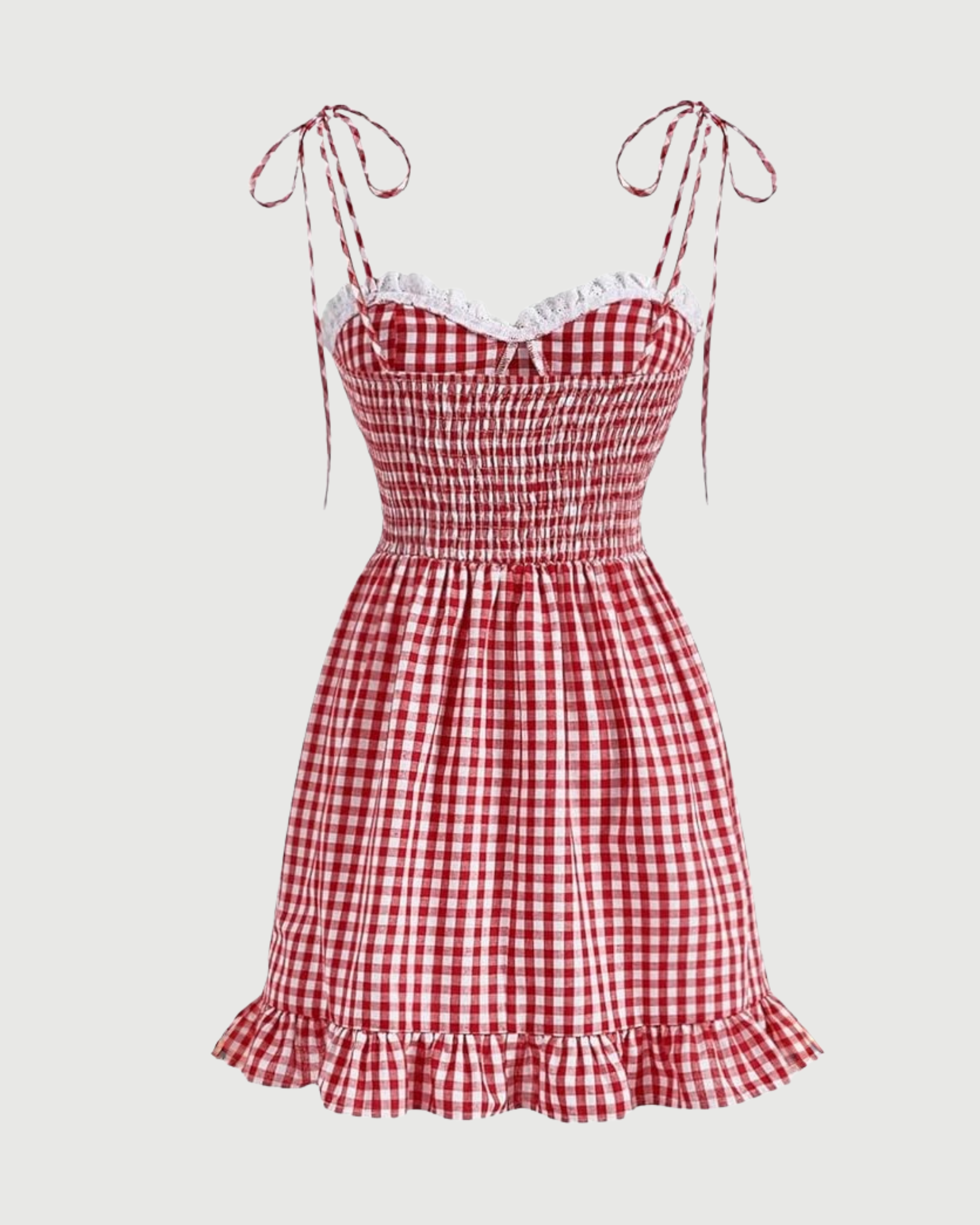 Gingham Tie Shoulder Ruffle Hem Dress- Red and White