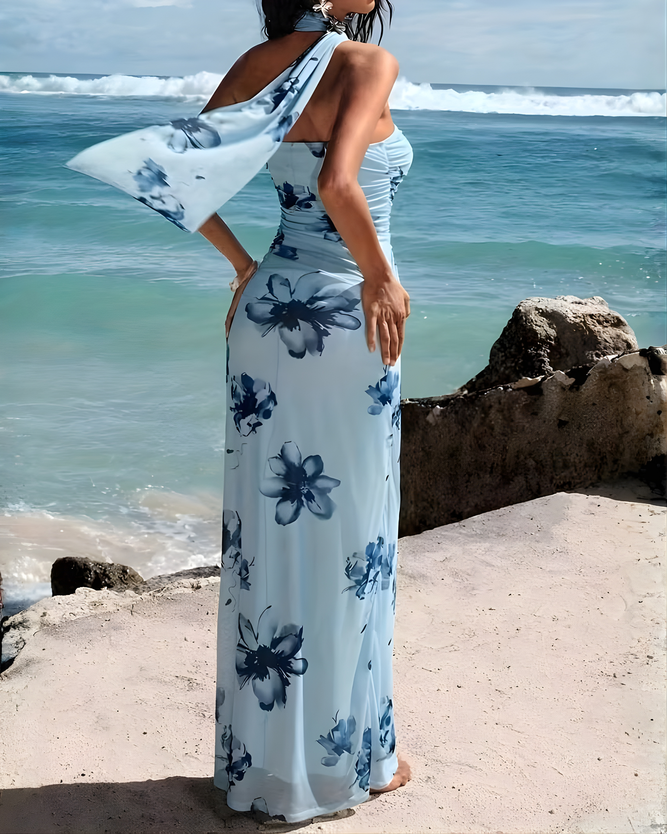 Elegant Floral Ruched Draping Summer Gown -	Apricot Floral