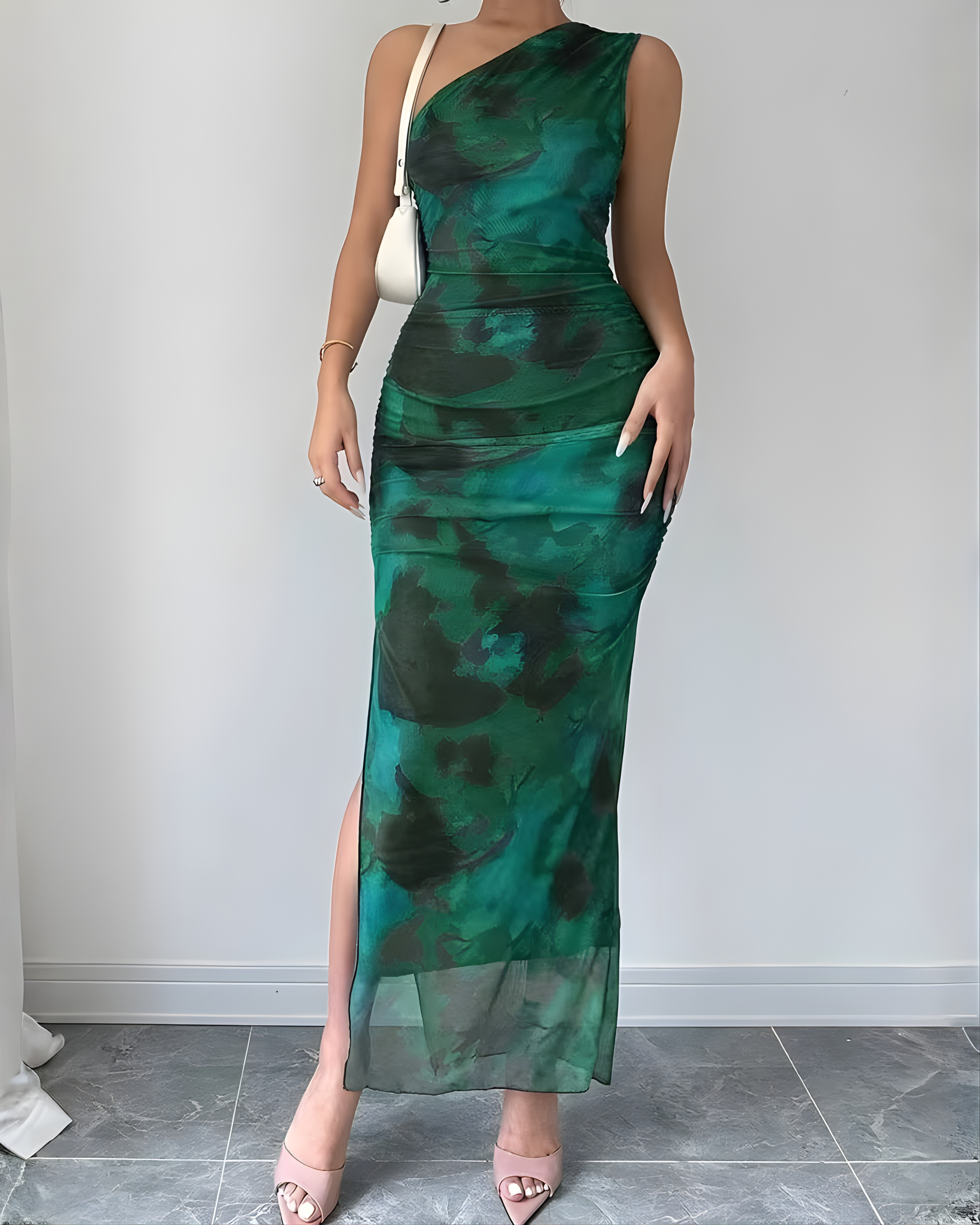 Vintage Floral Tie-Dye Bodycon Evening Dress-Green