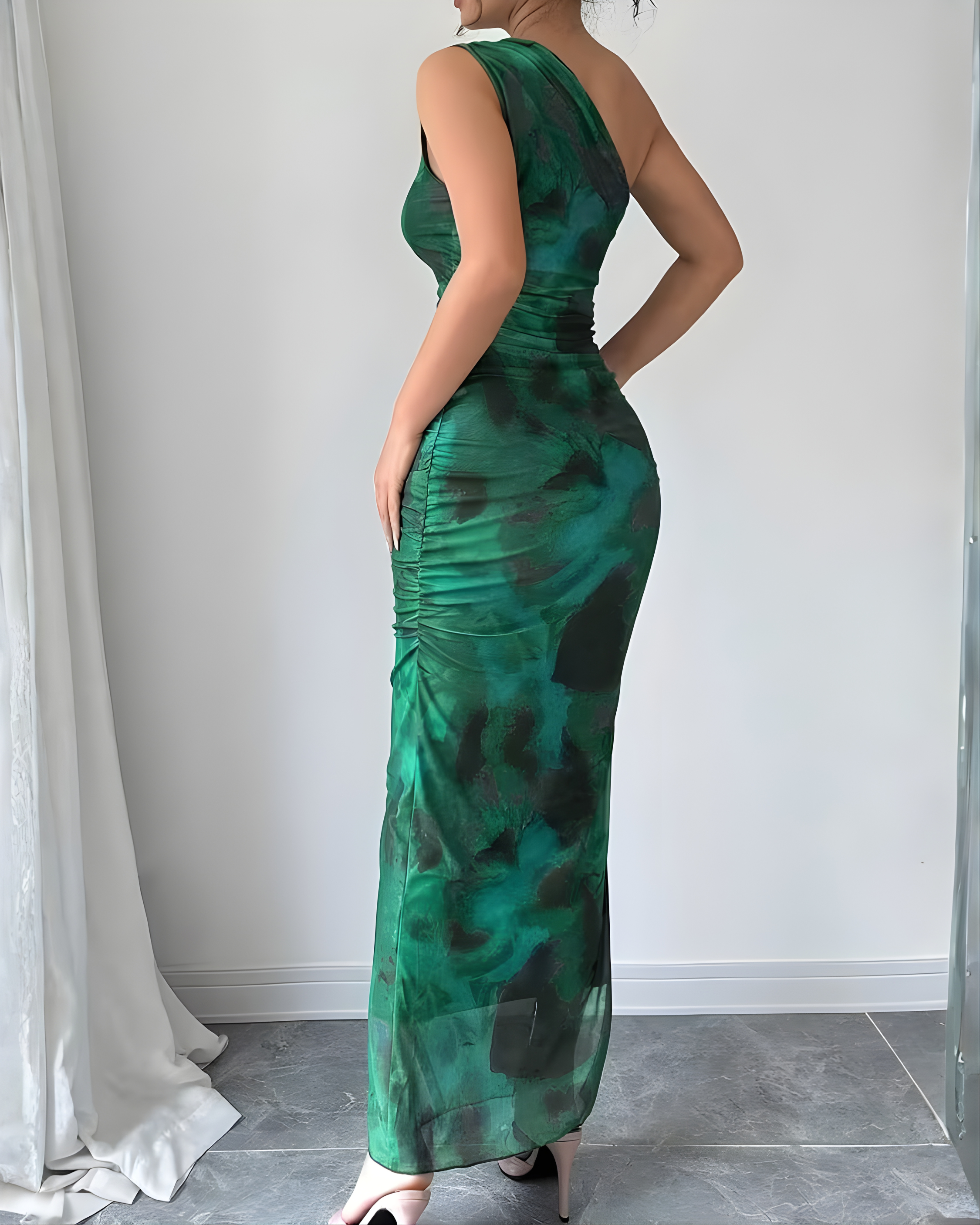 Vintage Floral Tie-Dye Bodycon Evening Dress-Green