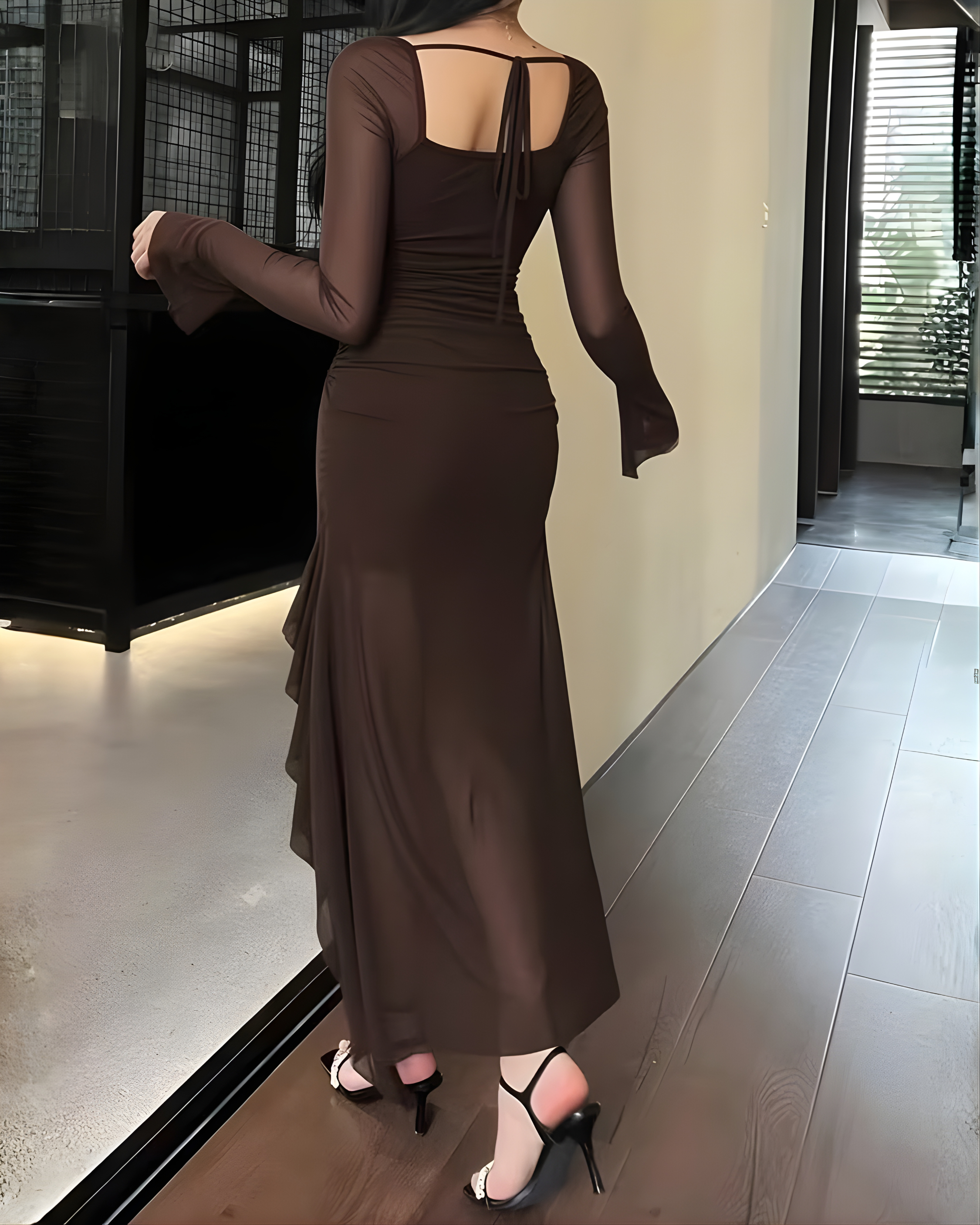 Sheer Mesh Long Sleeve Sweetheart Maxi Dress-Brown