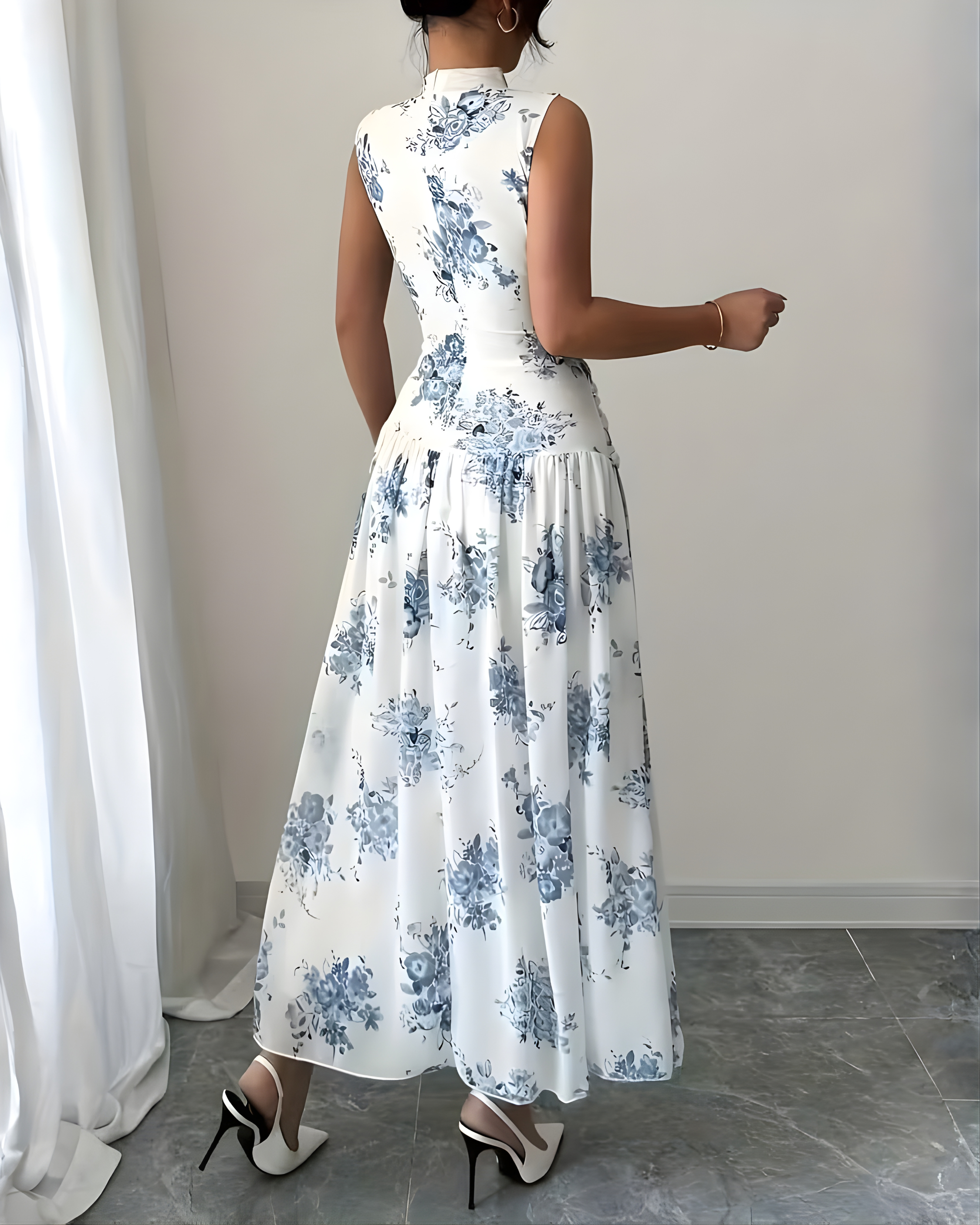 Stand Collar White Floral Cinched Waist Maxi