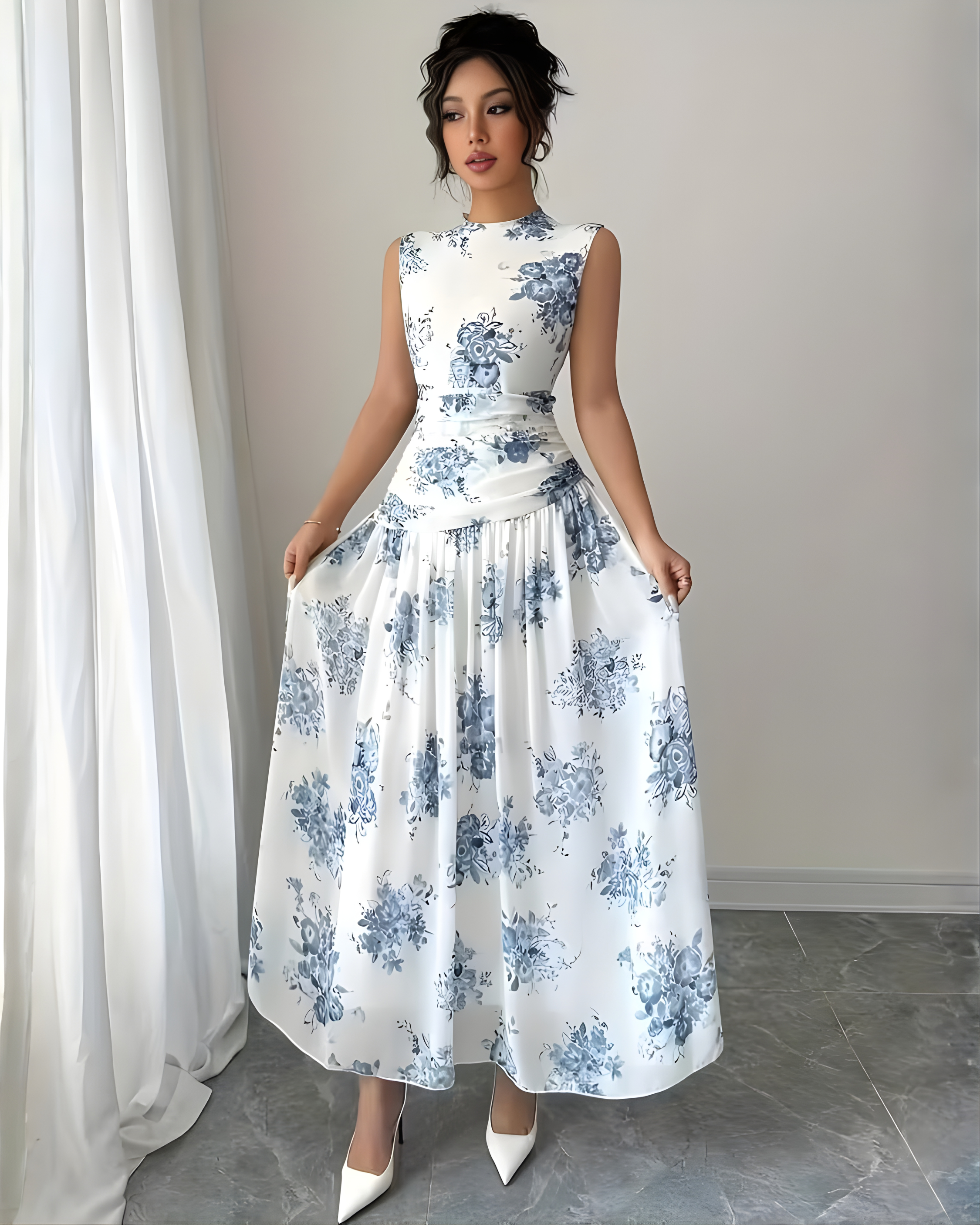 Stand Collar White Floral Cinched Waist Maxi