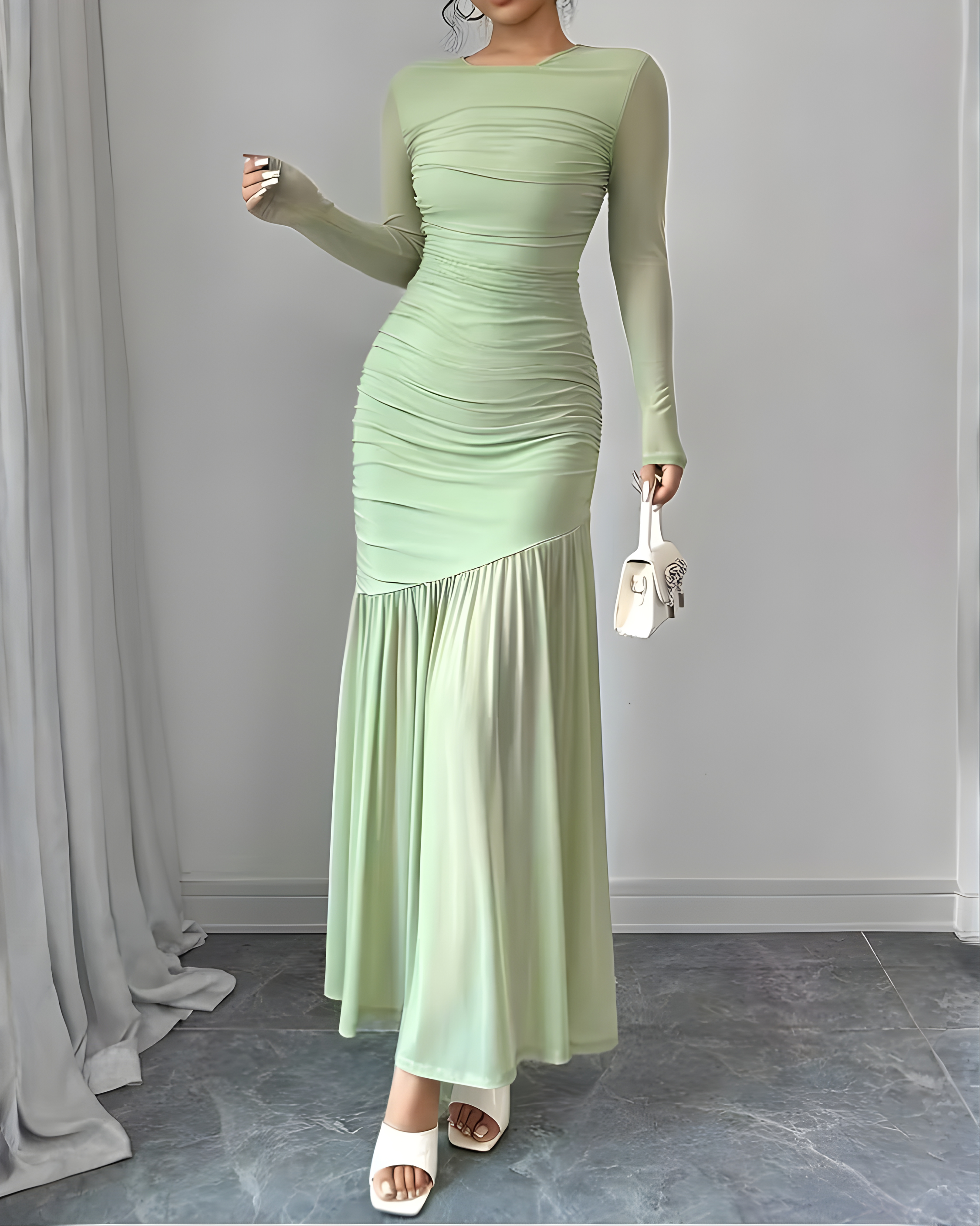 Solid Color Long Sleeve Sheer Mesh Dress-Green